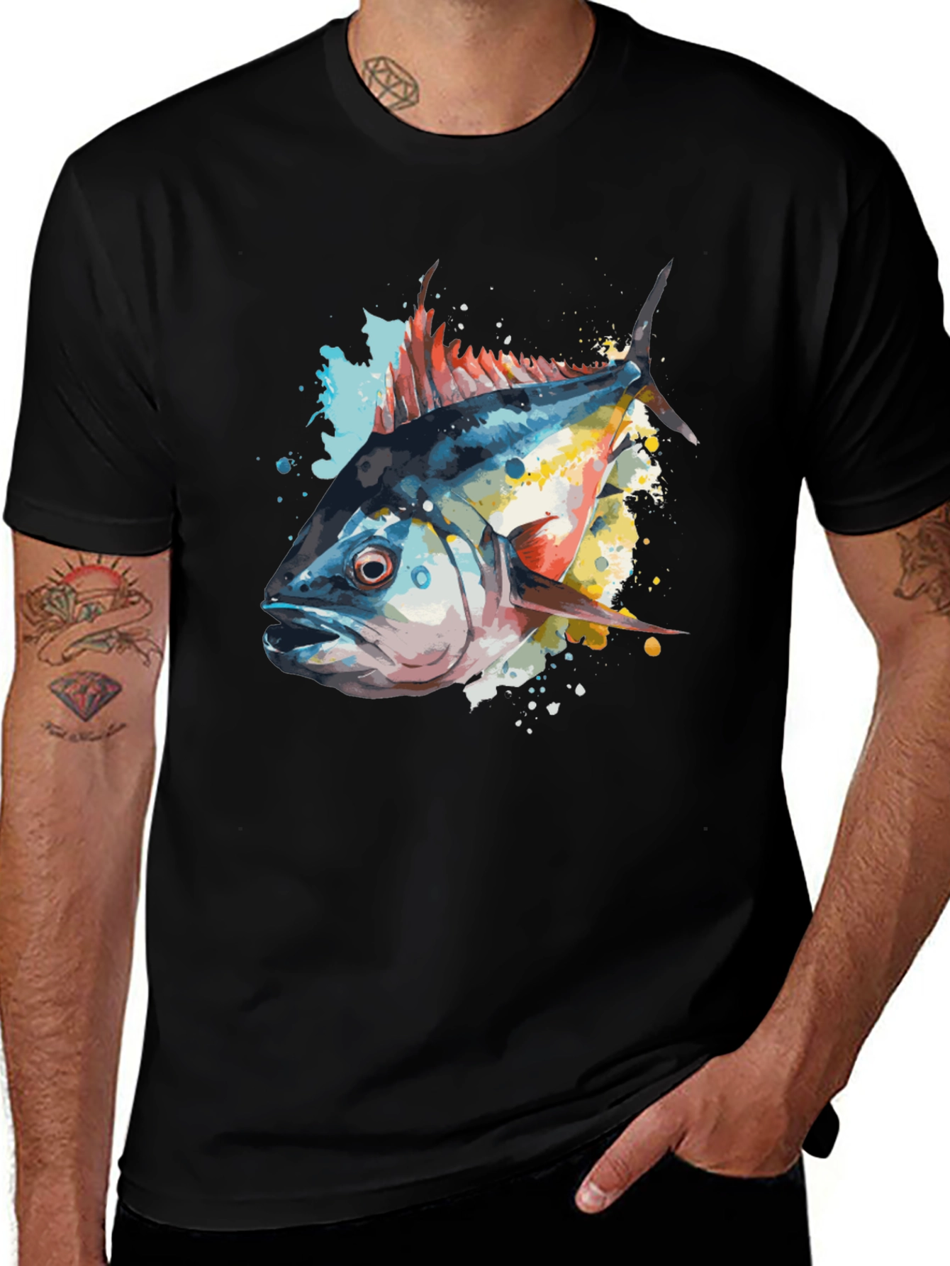 Variant 27 of Watercolor Fish Print Black T-Shirt