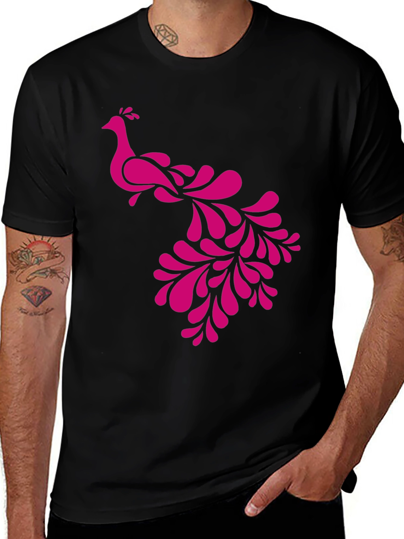 Variant 3 of Pink Peacock Graphic Black T-Shirt