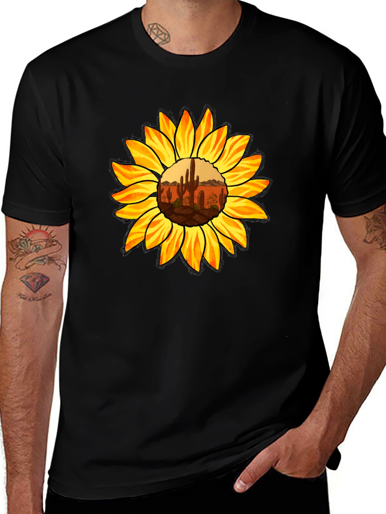 Variant 27 of Sunflower Desert Graphic Tee - Black Cotton Shirt