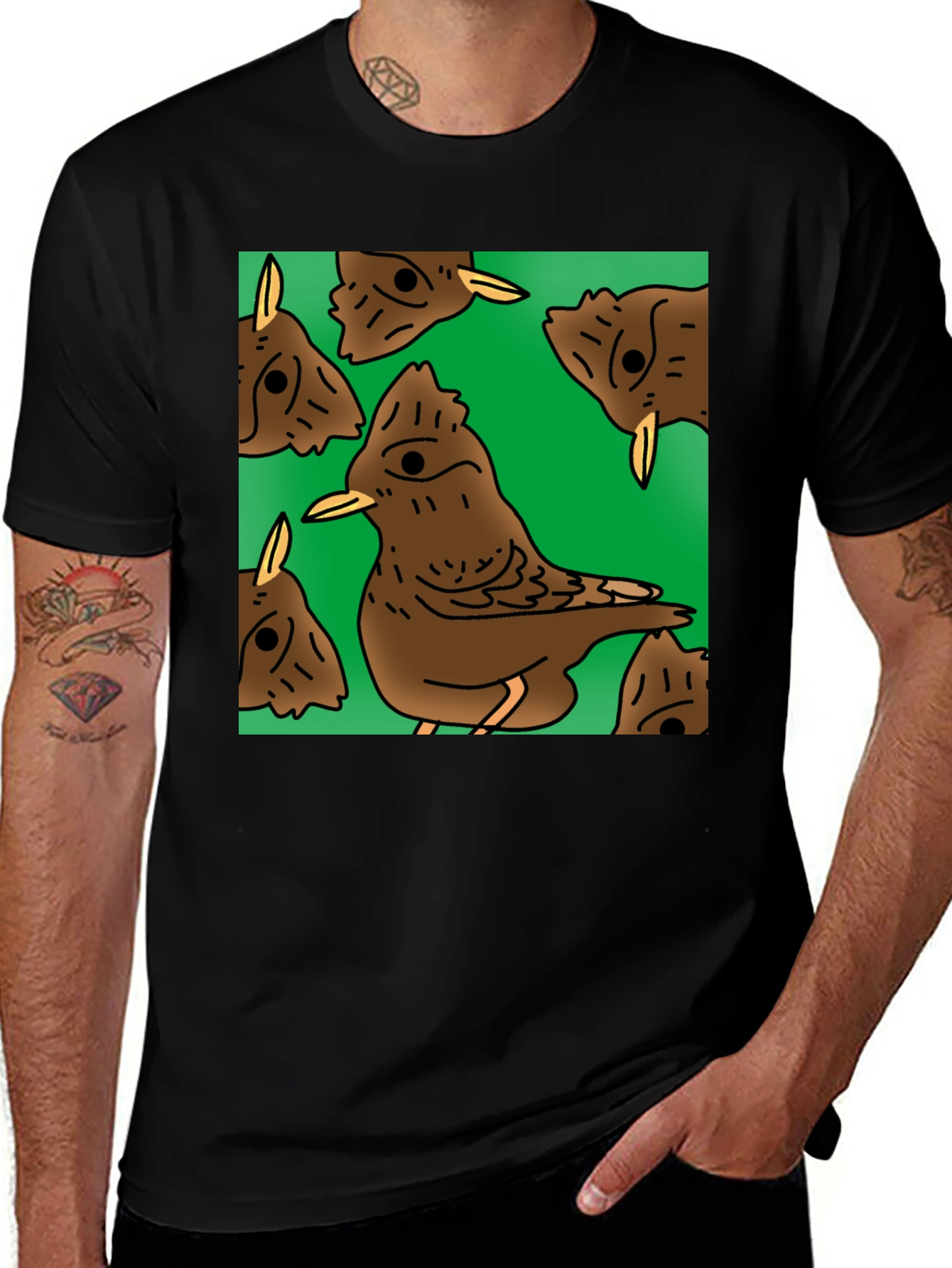 Variant 22 of Black T-Shirt with Funky Bird Pattern
