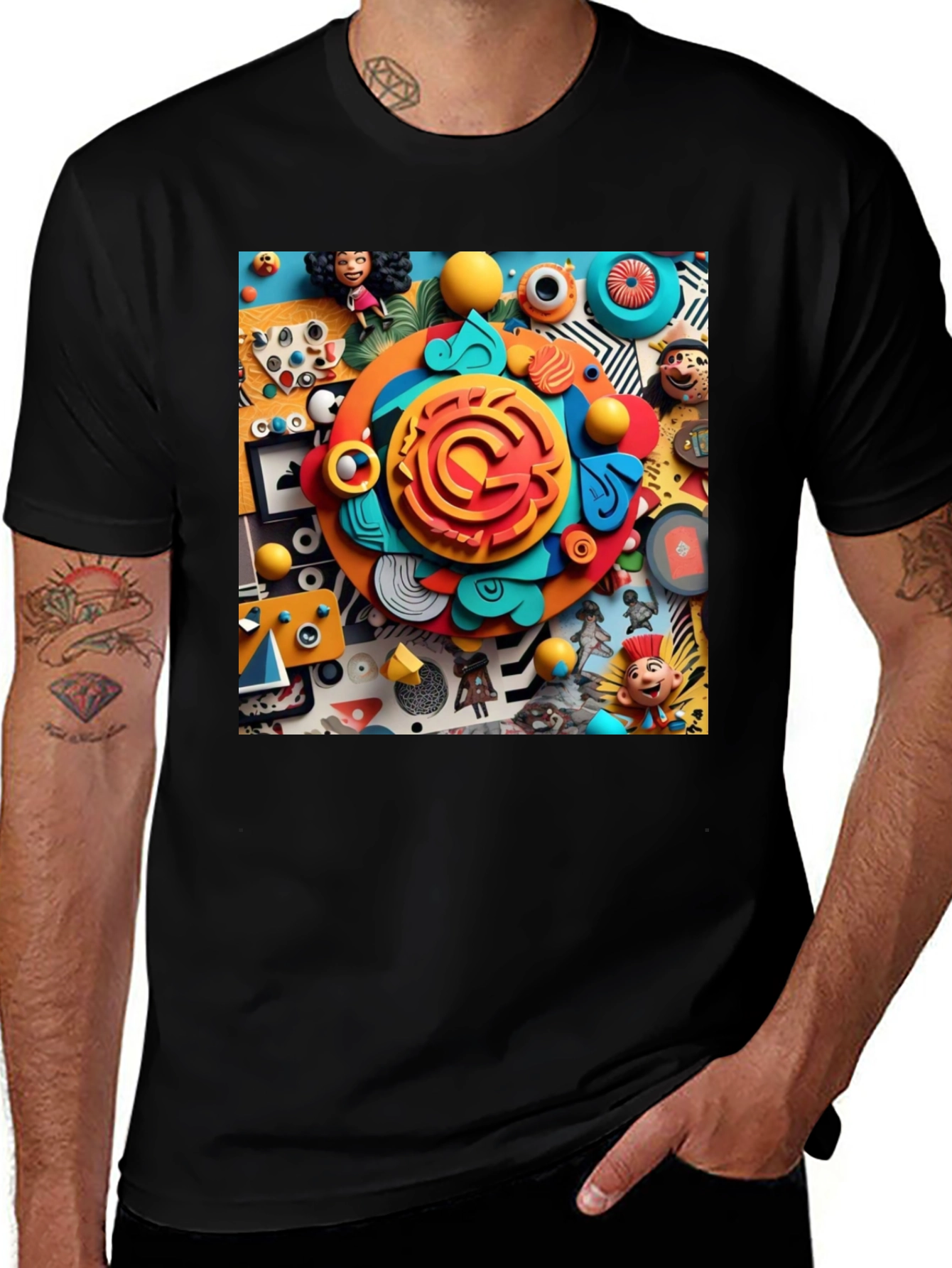 Variant 23 of Fun Cartoon Collage Graphic Tee - Black Cotton T-Shirt