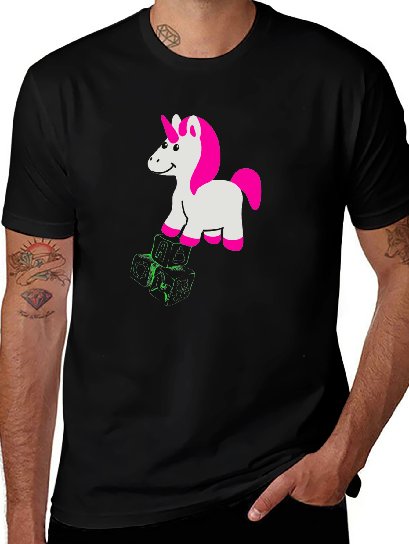 Variant 12 of Unicorn & Blocks Graphic Tee - Black Cotton Shirt