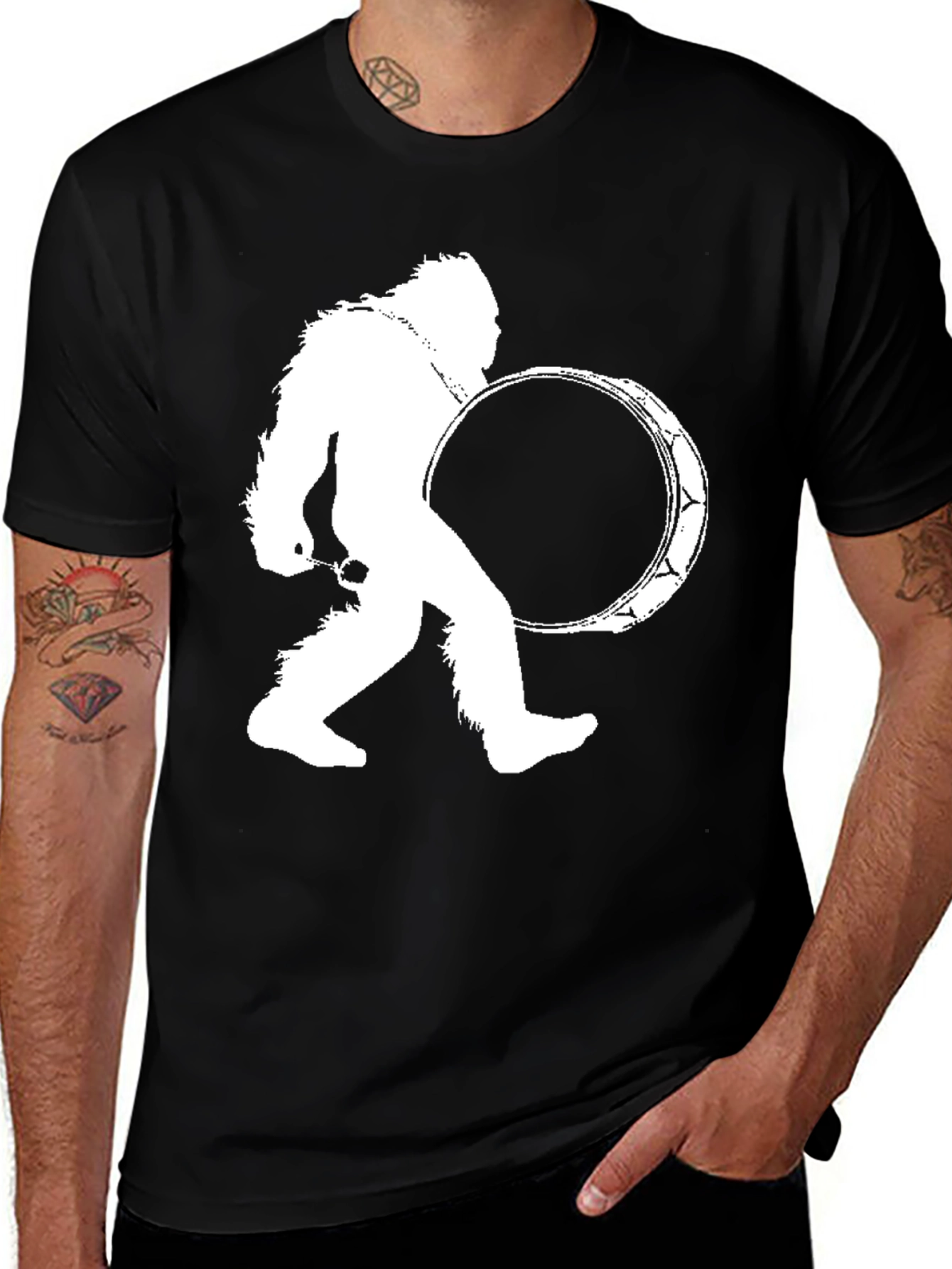 Variant 5 of Sasquatch Drummer Black T-Shirt - Bigfoot Tee