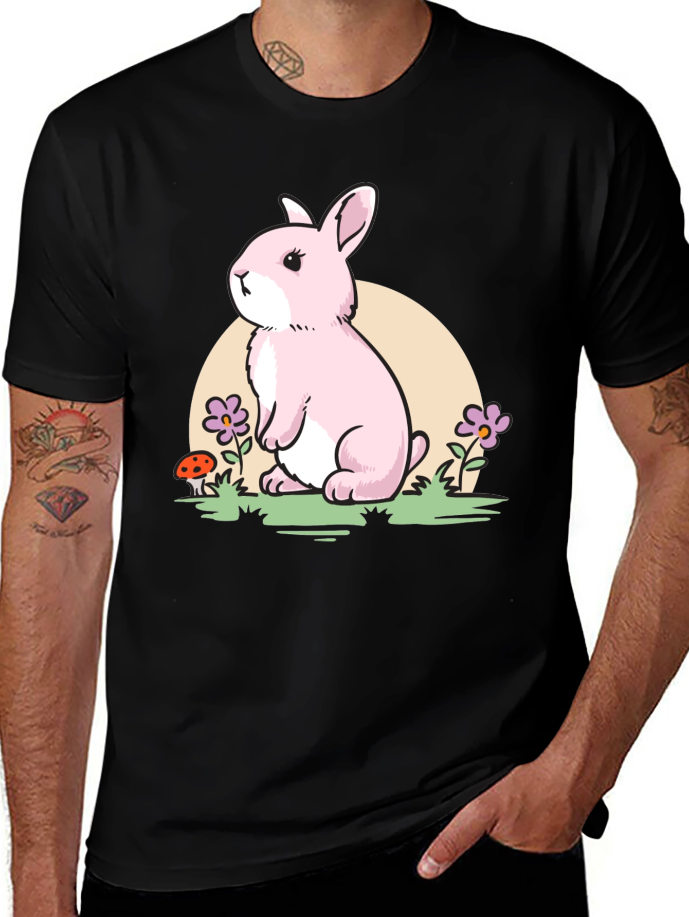 Variant 15 of Cute Pink Bunny T-Shirt - Black Cotton Tee