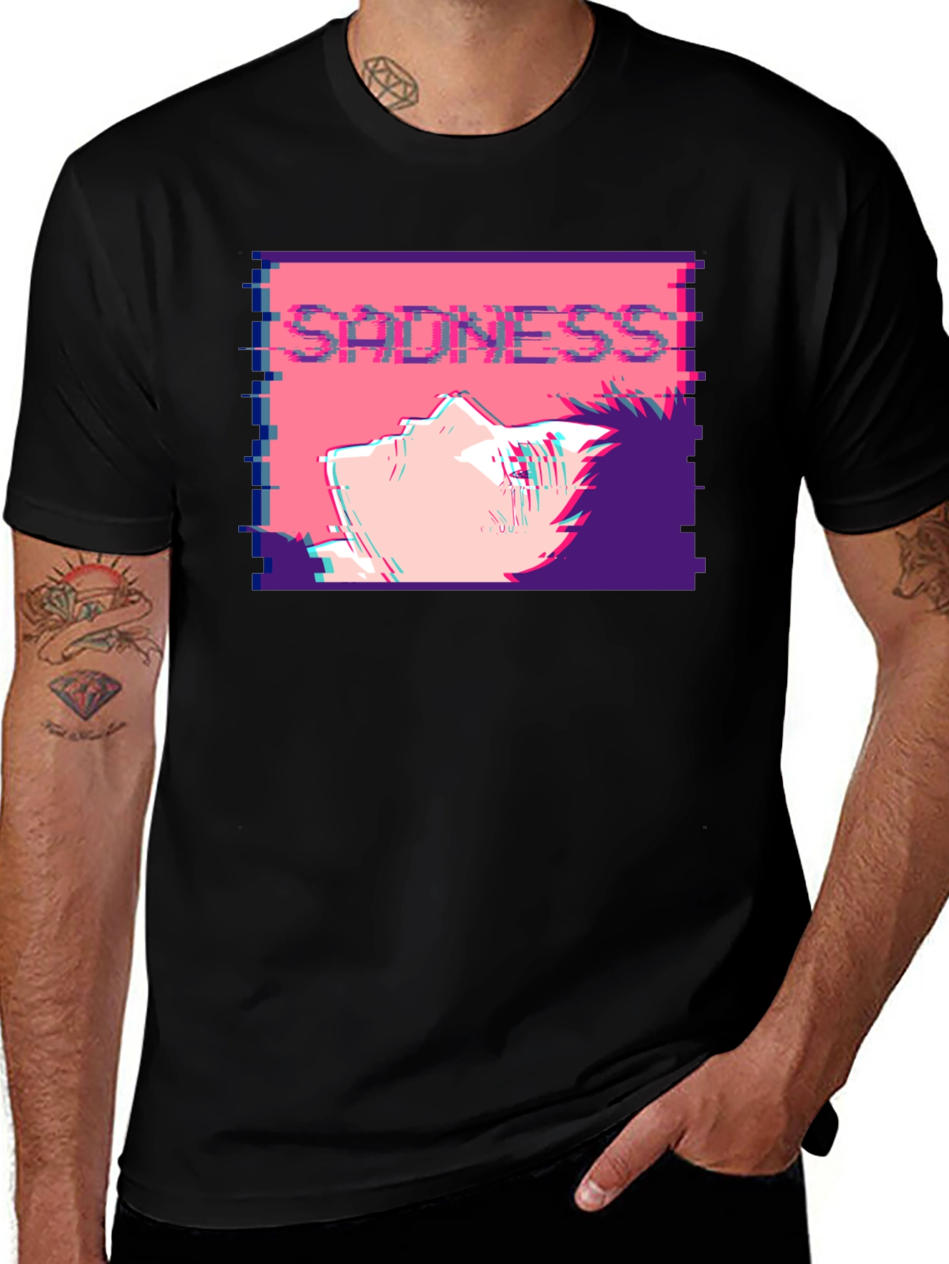 Variant 14 of Sadness Anime T-Shirt - Glitch Aesthetic Black Tee