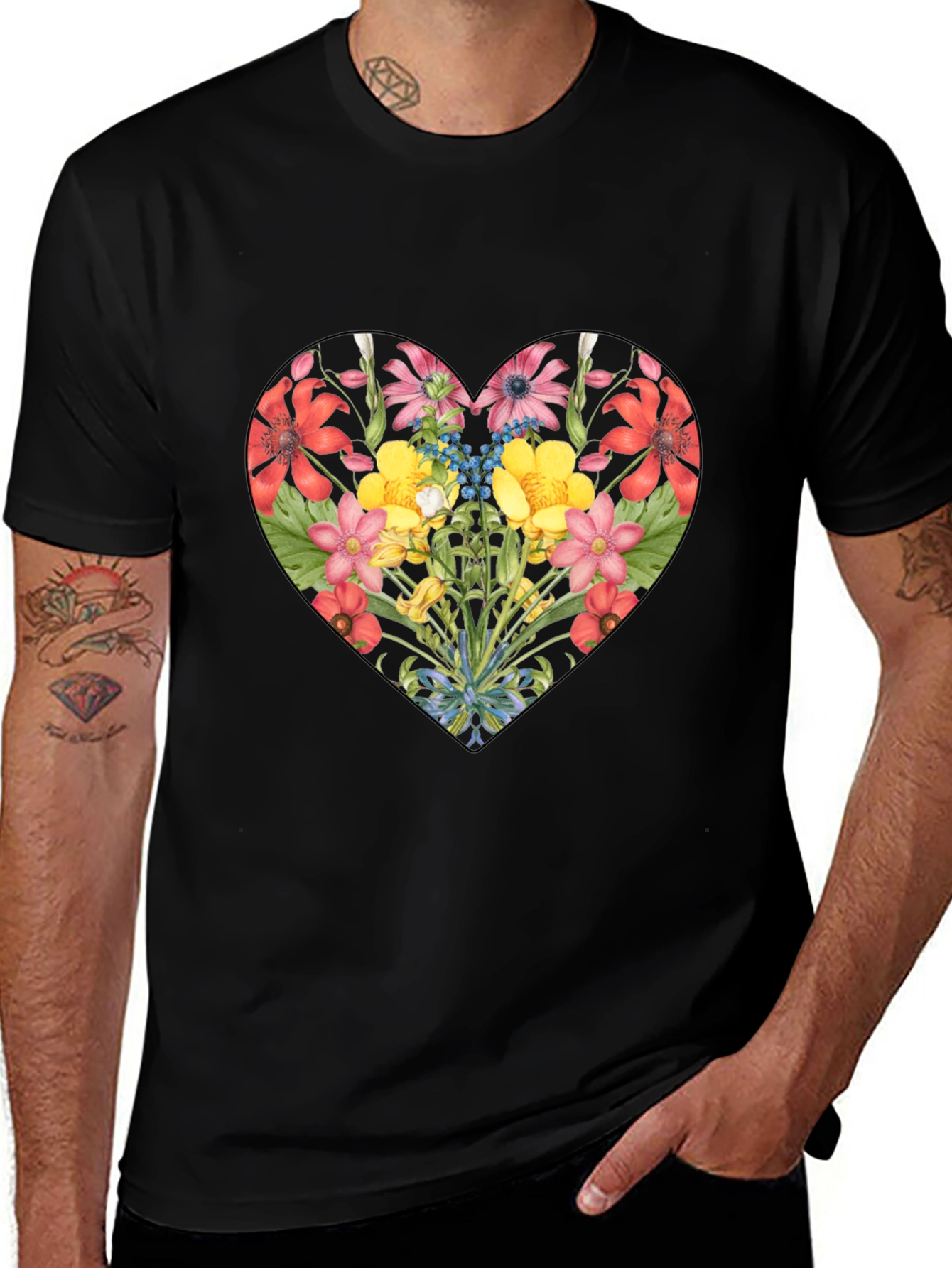 Variant 25 of Floral Heart Graphic Black T-Shirt