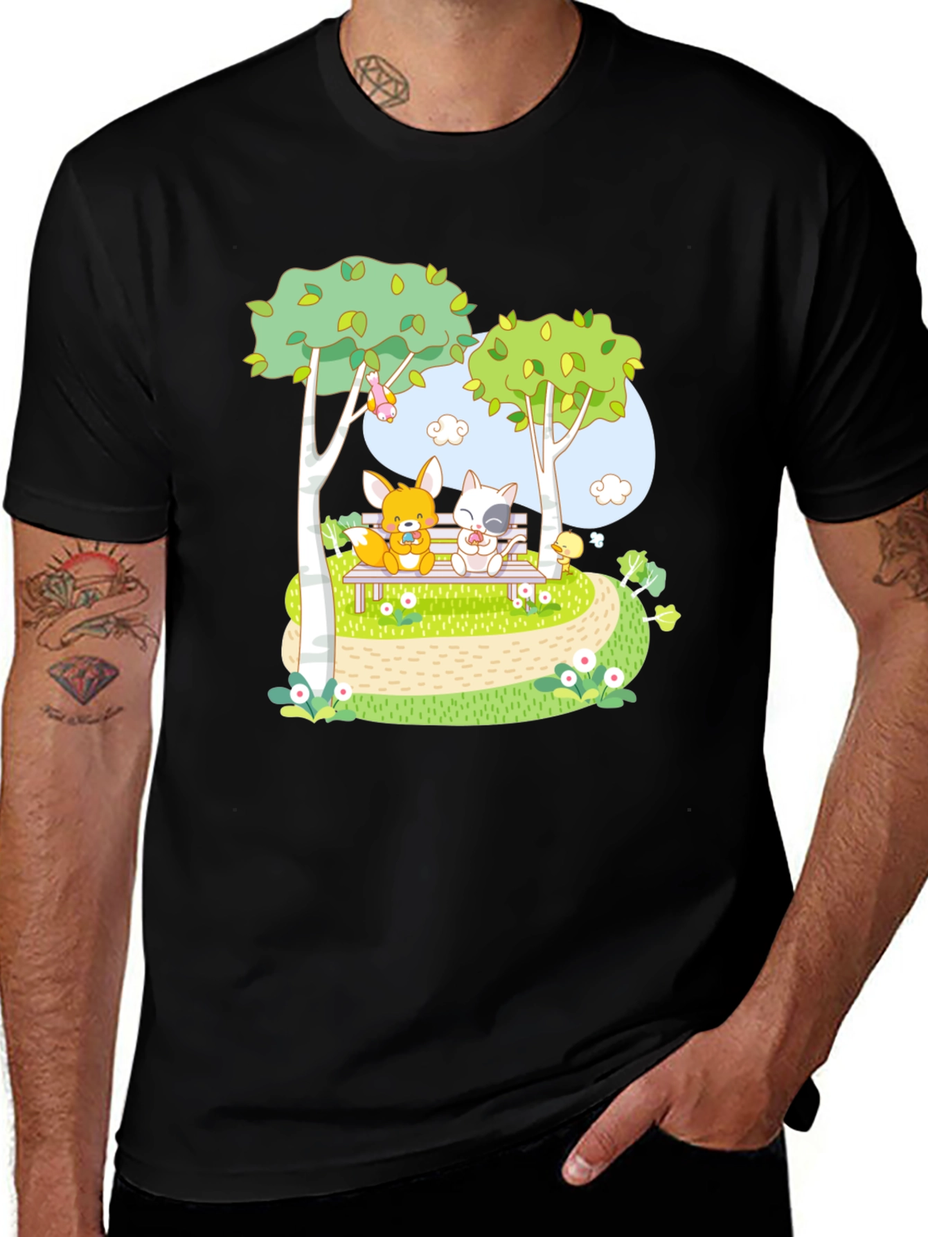 Variant 24 of Cartoon Friends on a Bench Graphic T-Shirt