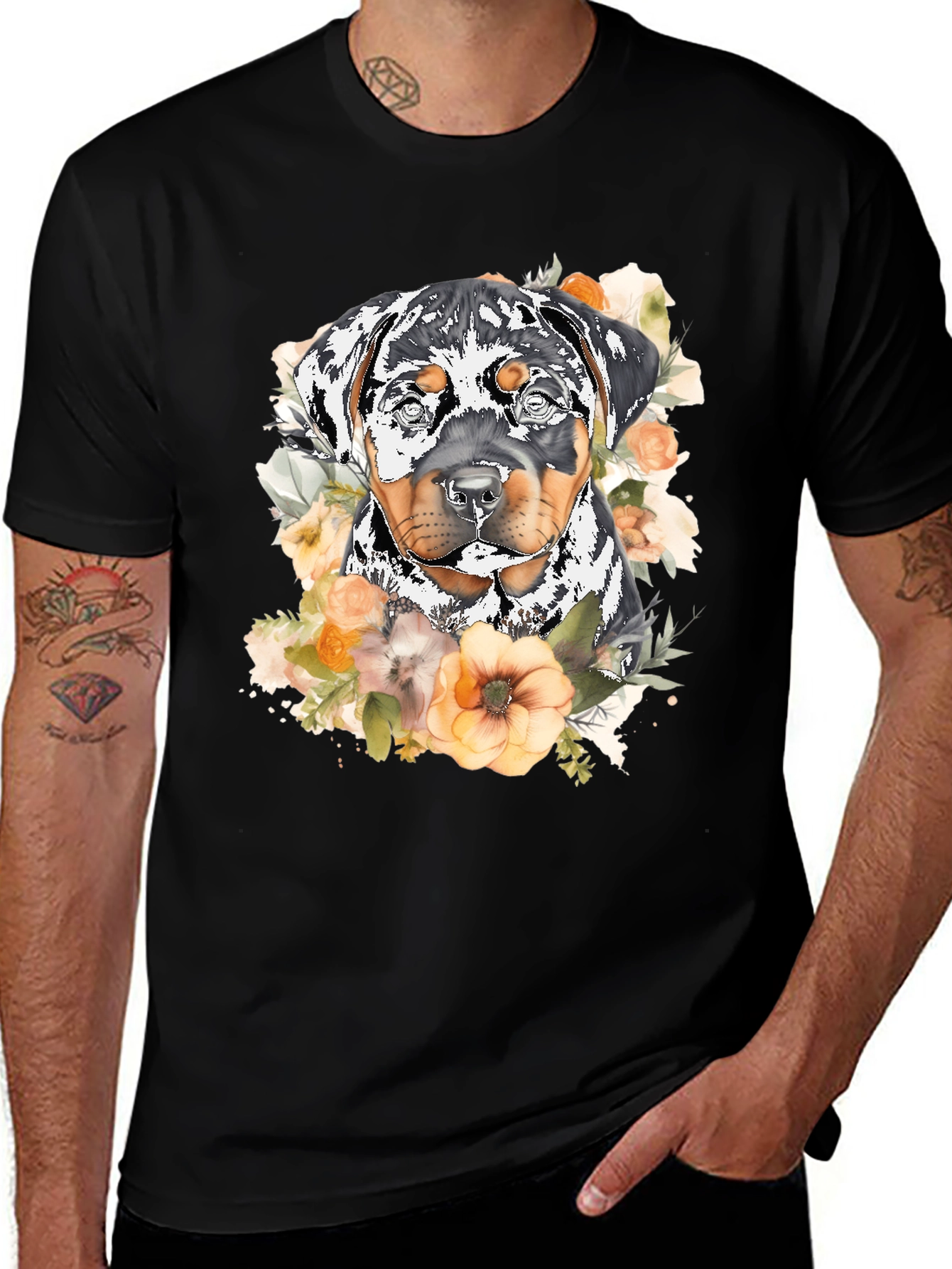 Variant 21 of Rottweiler Floral Graphic Tee - Trendy Dog Lover Shirt