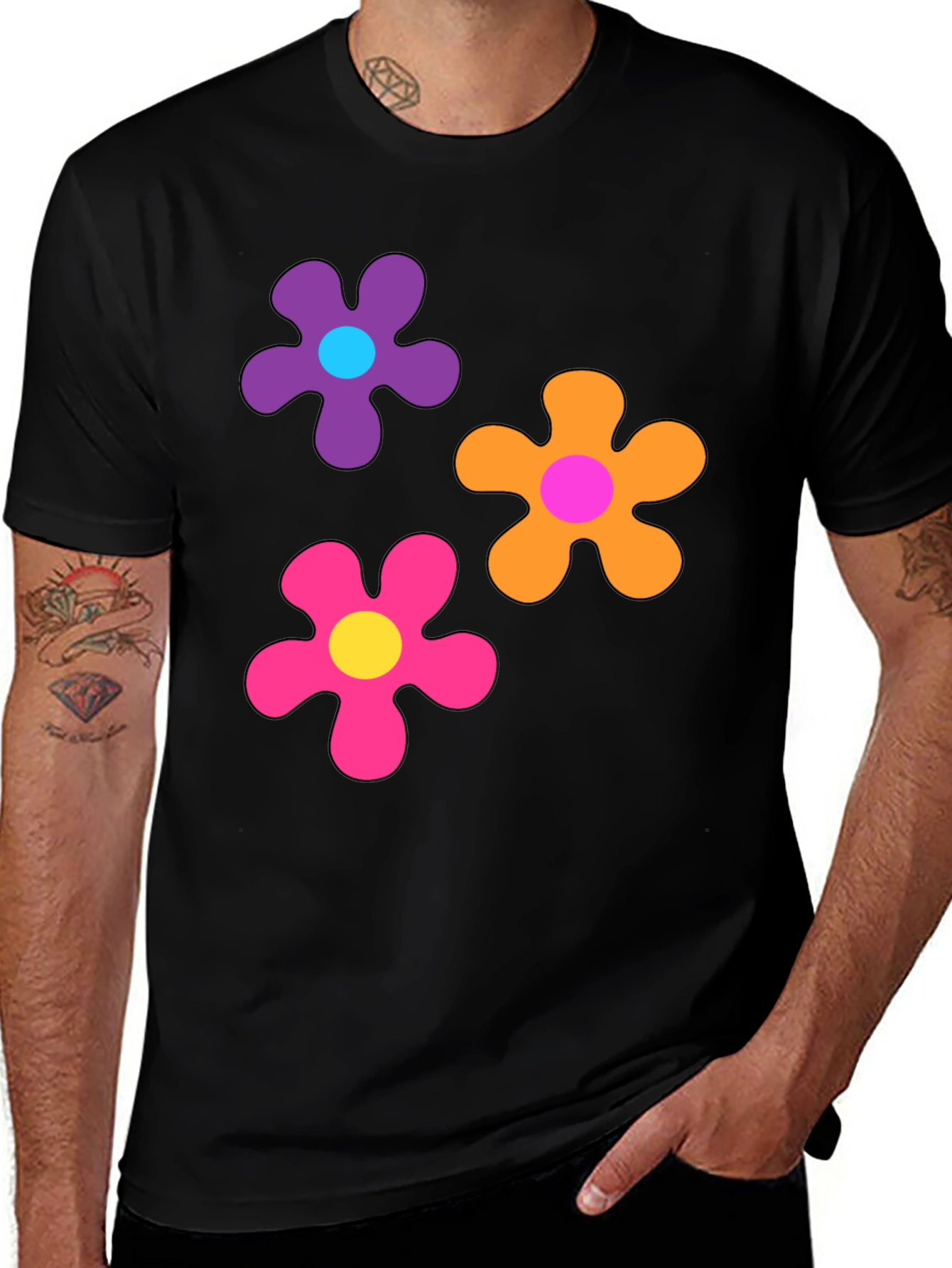 Retro Flower Power Black T-Shirt