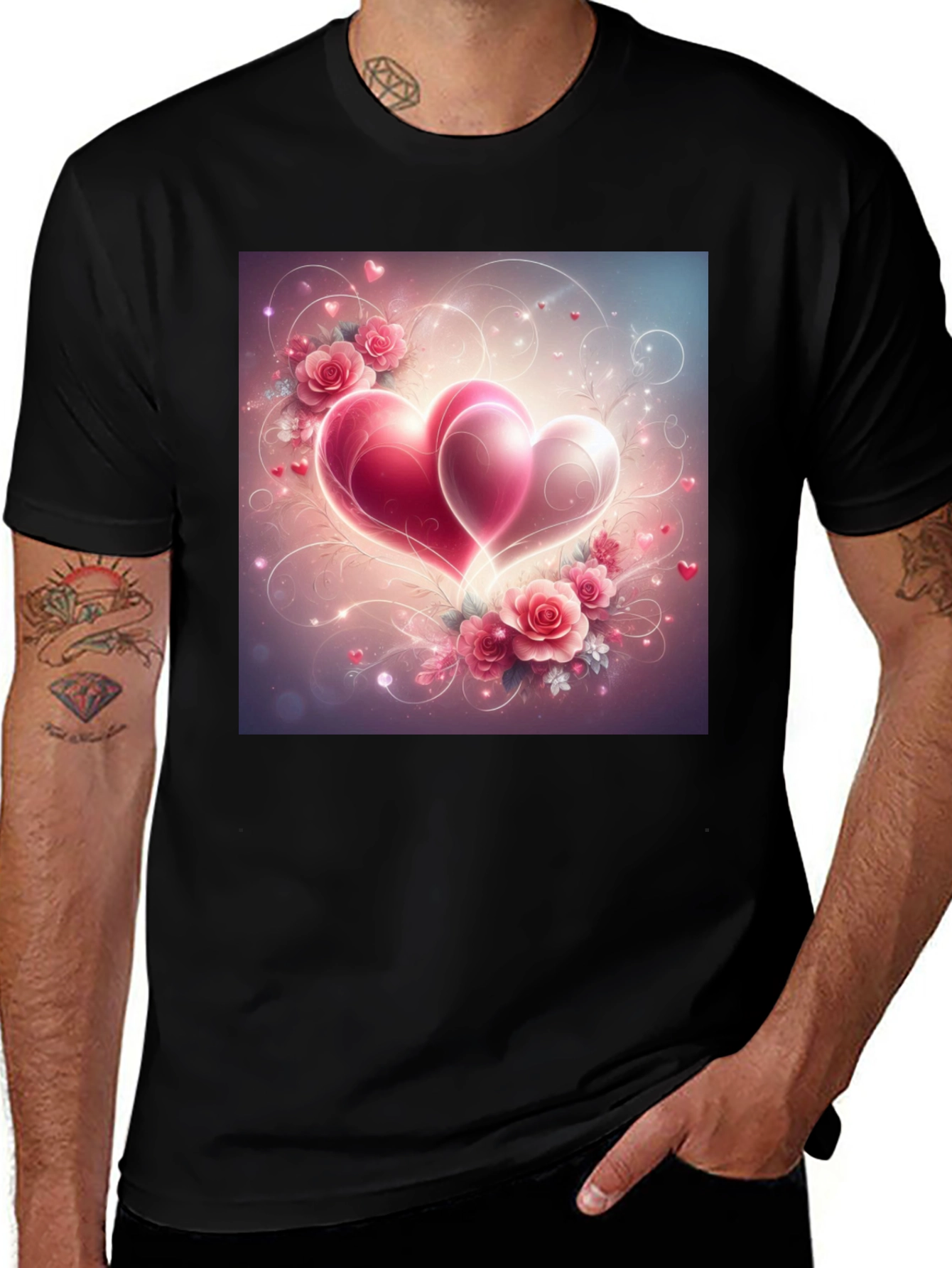 Variant 15 of Romantic Hearts & Roses Graphic Tee - Black