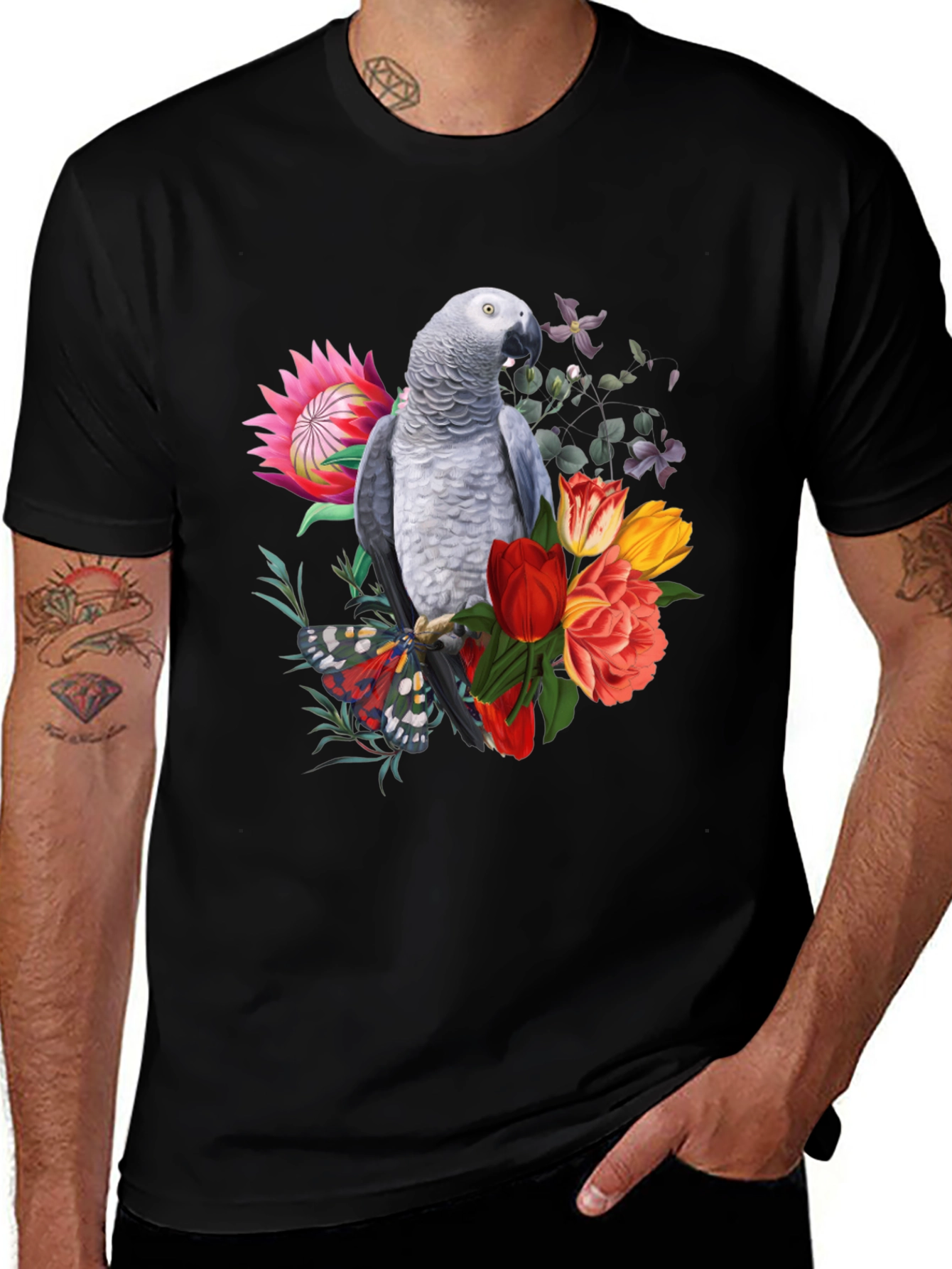Variant 13 of Parrot & Floral Print Black T-Shirt