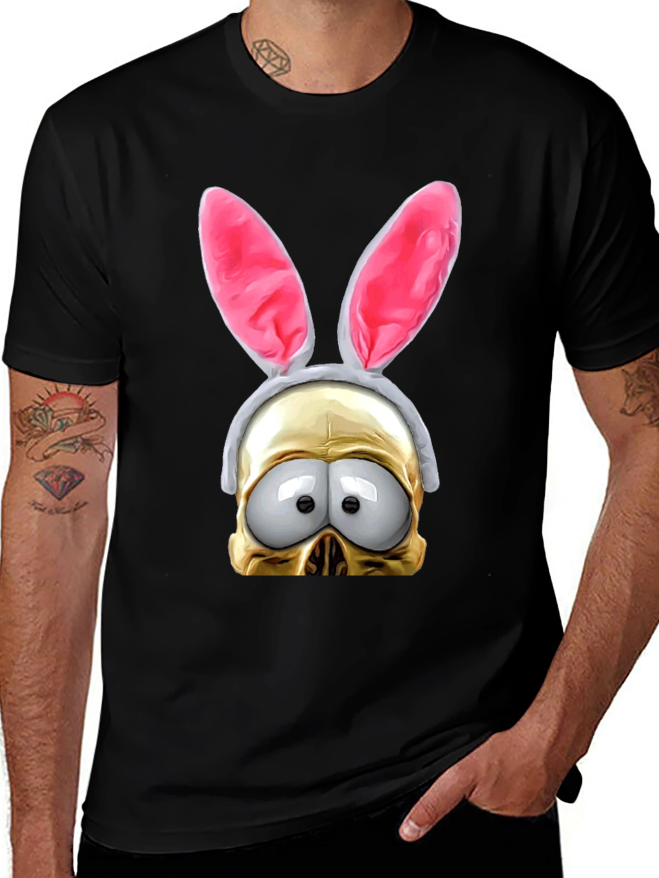 Black Humorous Bunny Skull Graphic T-Shirt main image