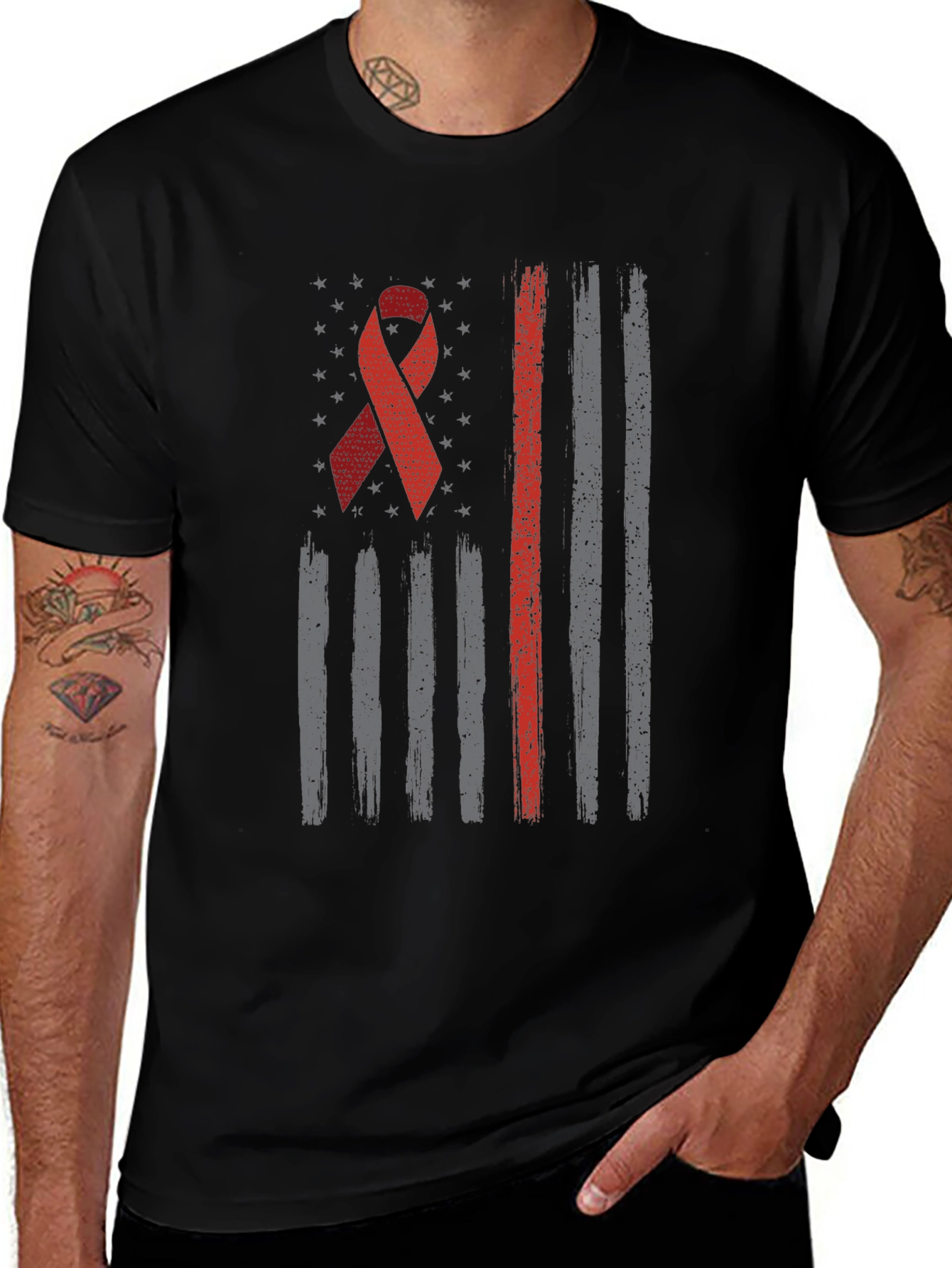 Red Ribbon Flag Graphic Tee - Patriotic Support Shirt
