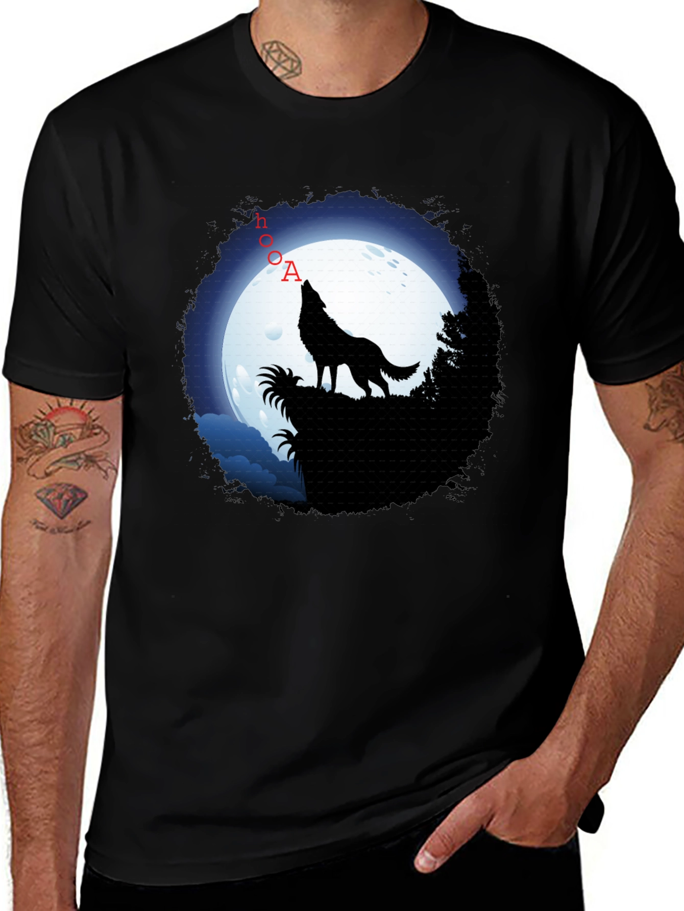Variant 20 of Wolf Howling at Moon Graphic T-Shirt - Black