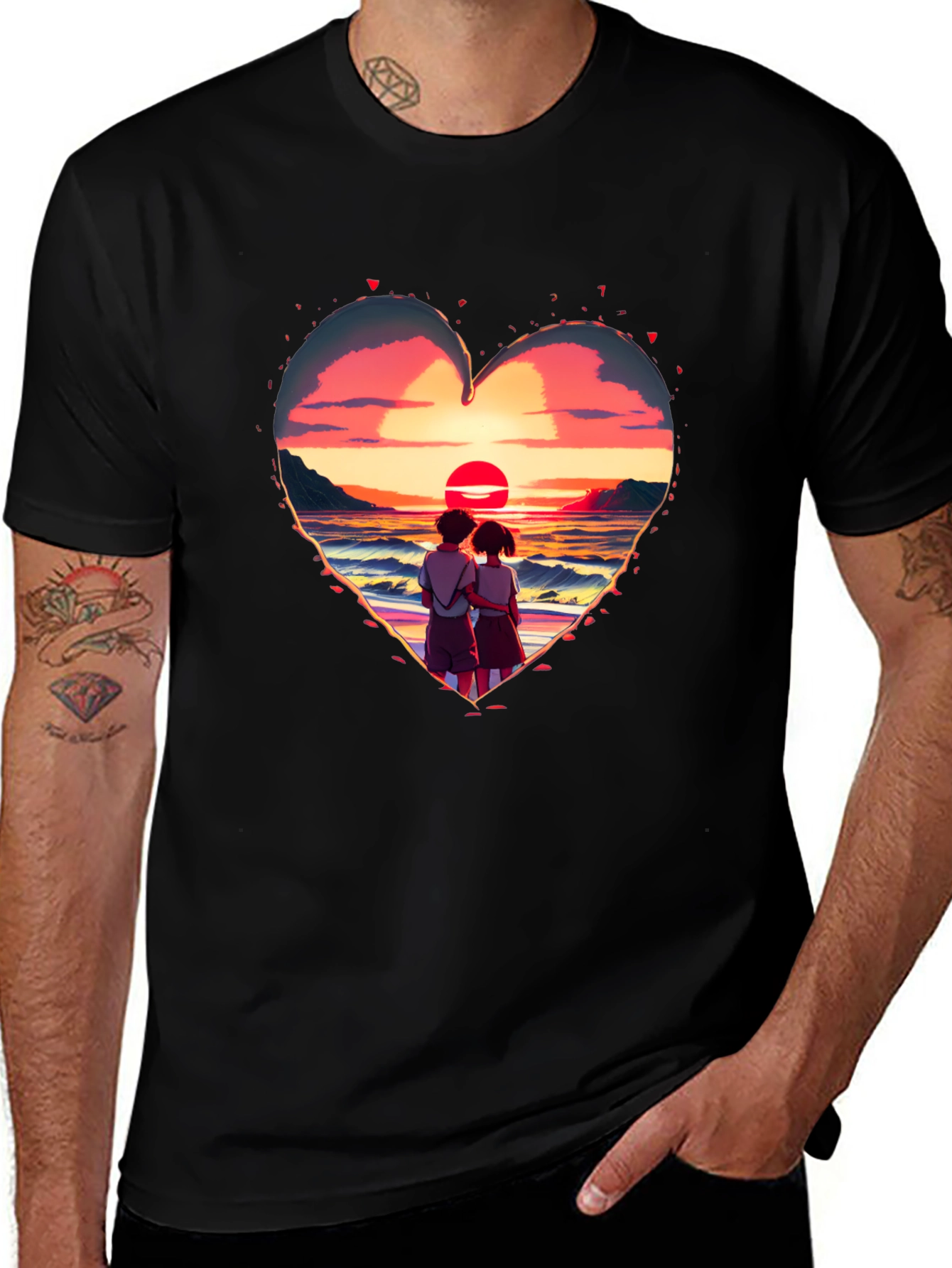 Variant 2 of Sunset Lovers Heart Graphic Tee - Romantic Style