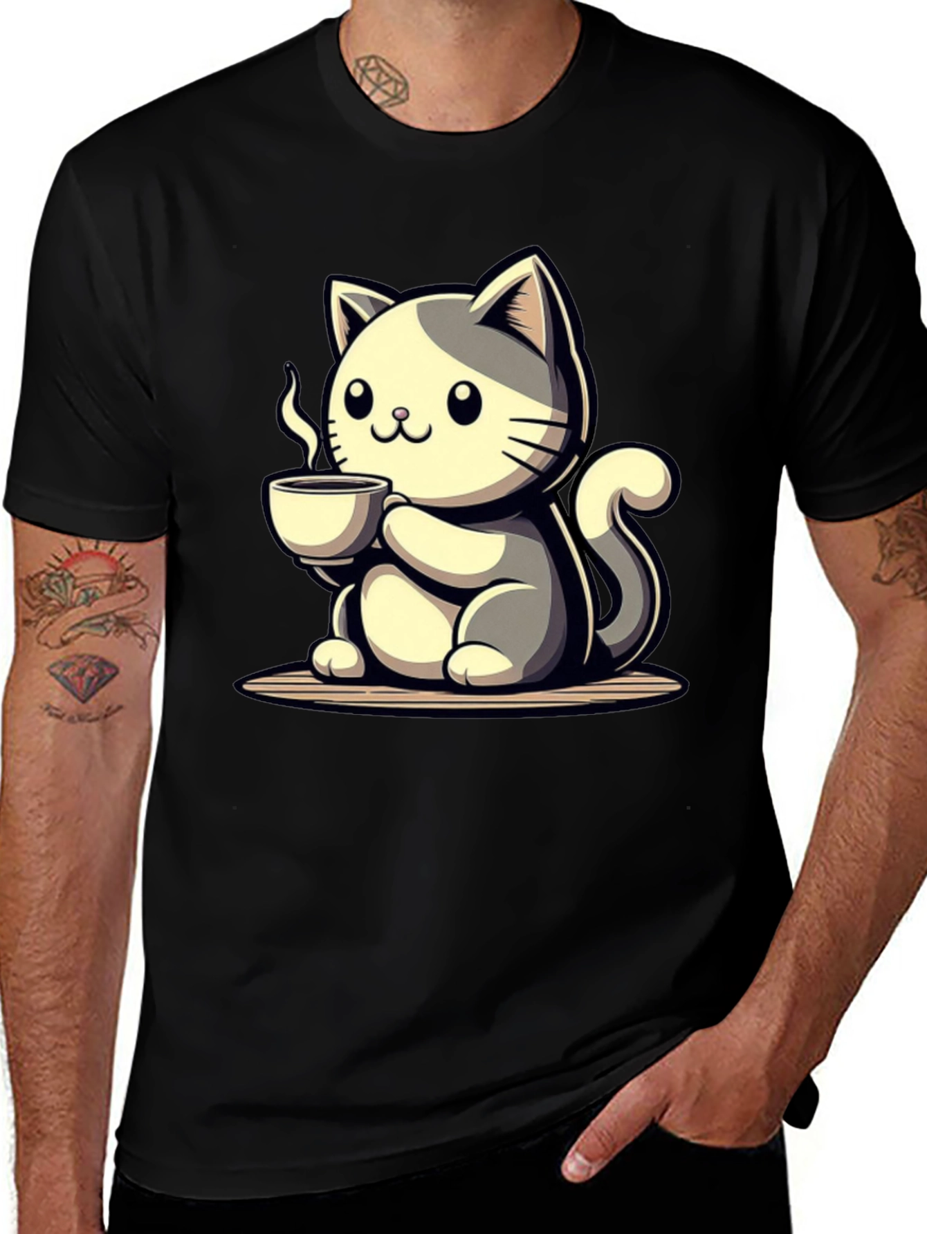 Variant 19 of Cute Cat Drinking Coffee Graphic Tee