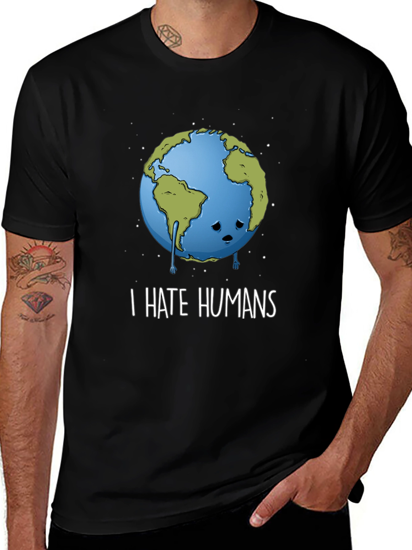 Variant 18 of Sad Earth Graphic Tee - I Hate Humans - Black Cotton T-Shirt