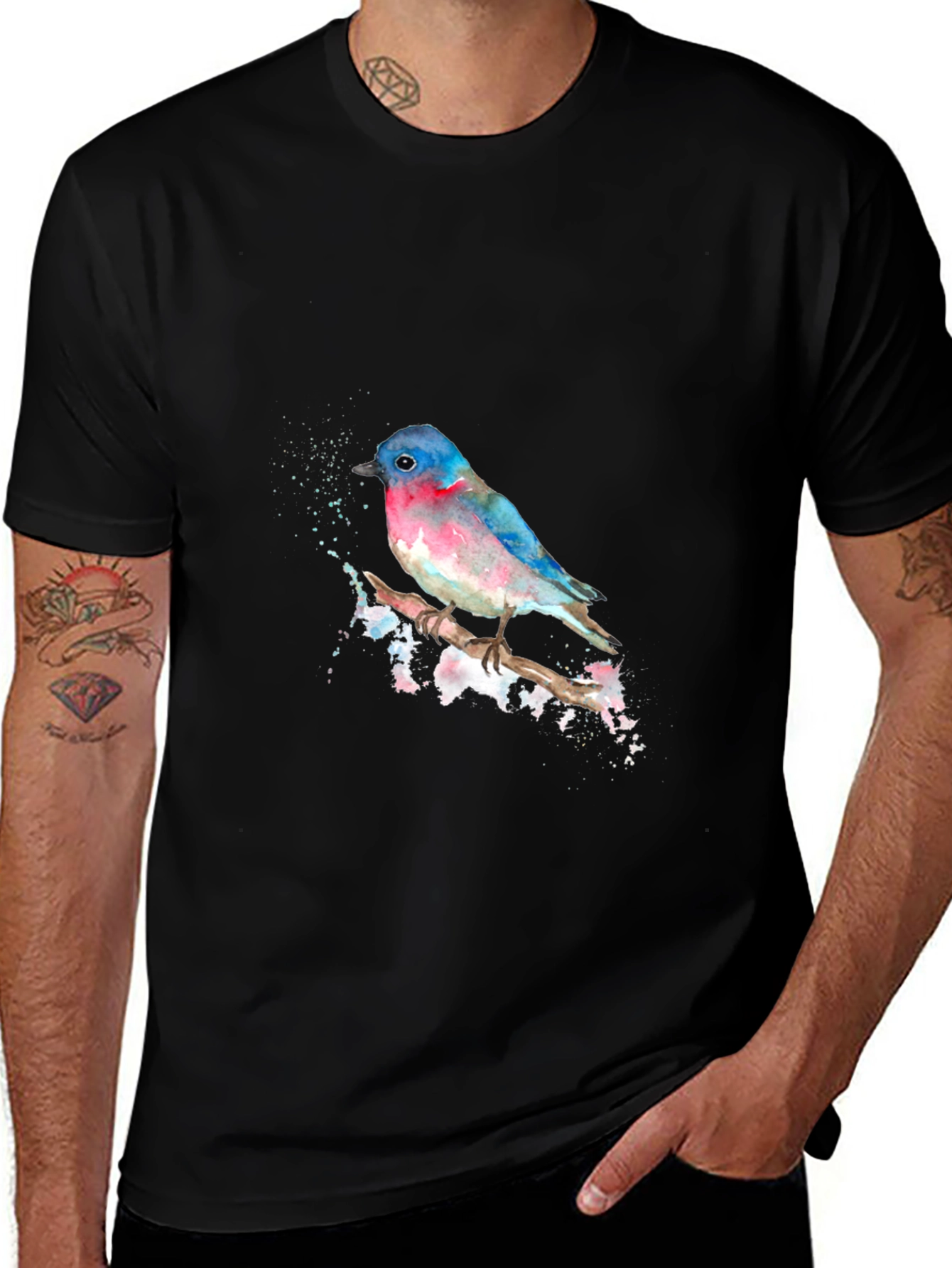 Variant 20 of Watercolor Bird Print Black T-Shirt