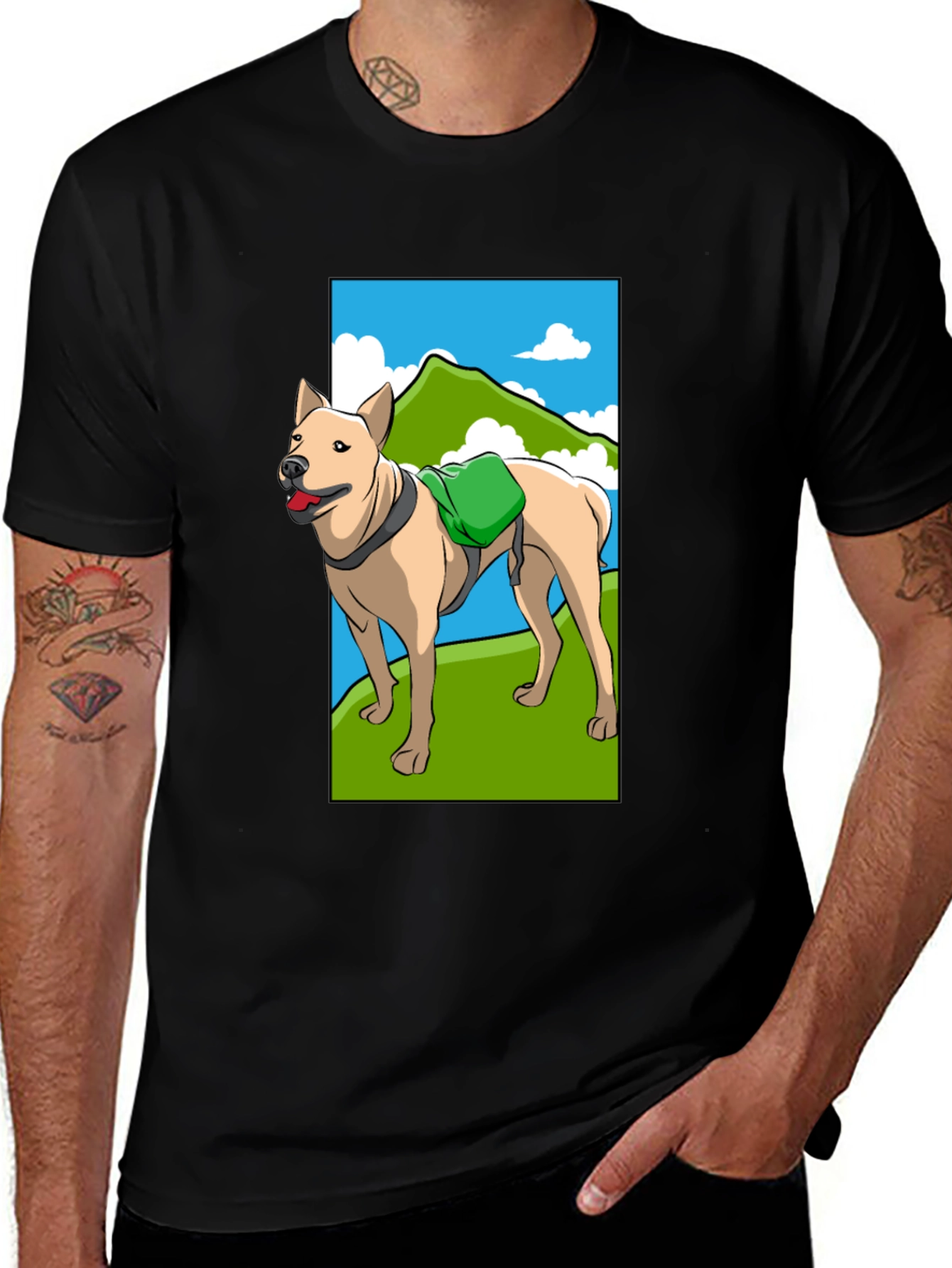 Variant 6 of Dog Hiking Adventure Graphic Tee - Black Cotton Shirt
