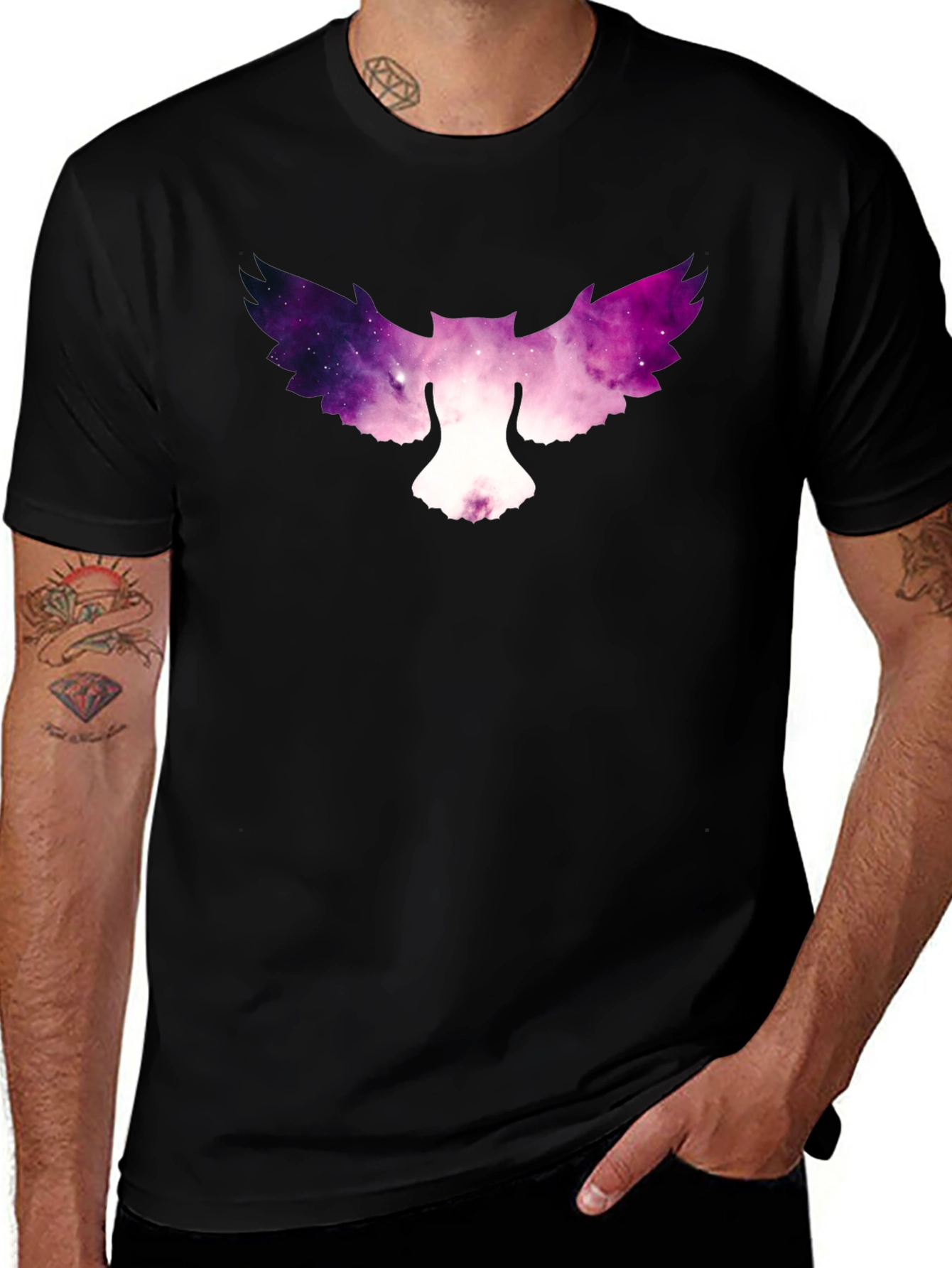Variant 9 of Galaxy Owl Graphic Tee - Stylish Men's Black T-Shirt