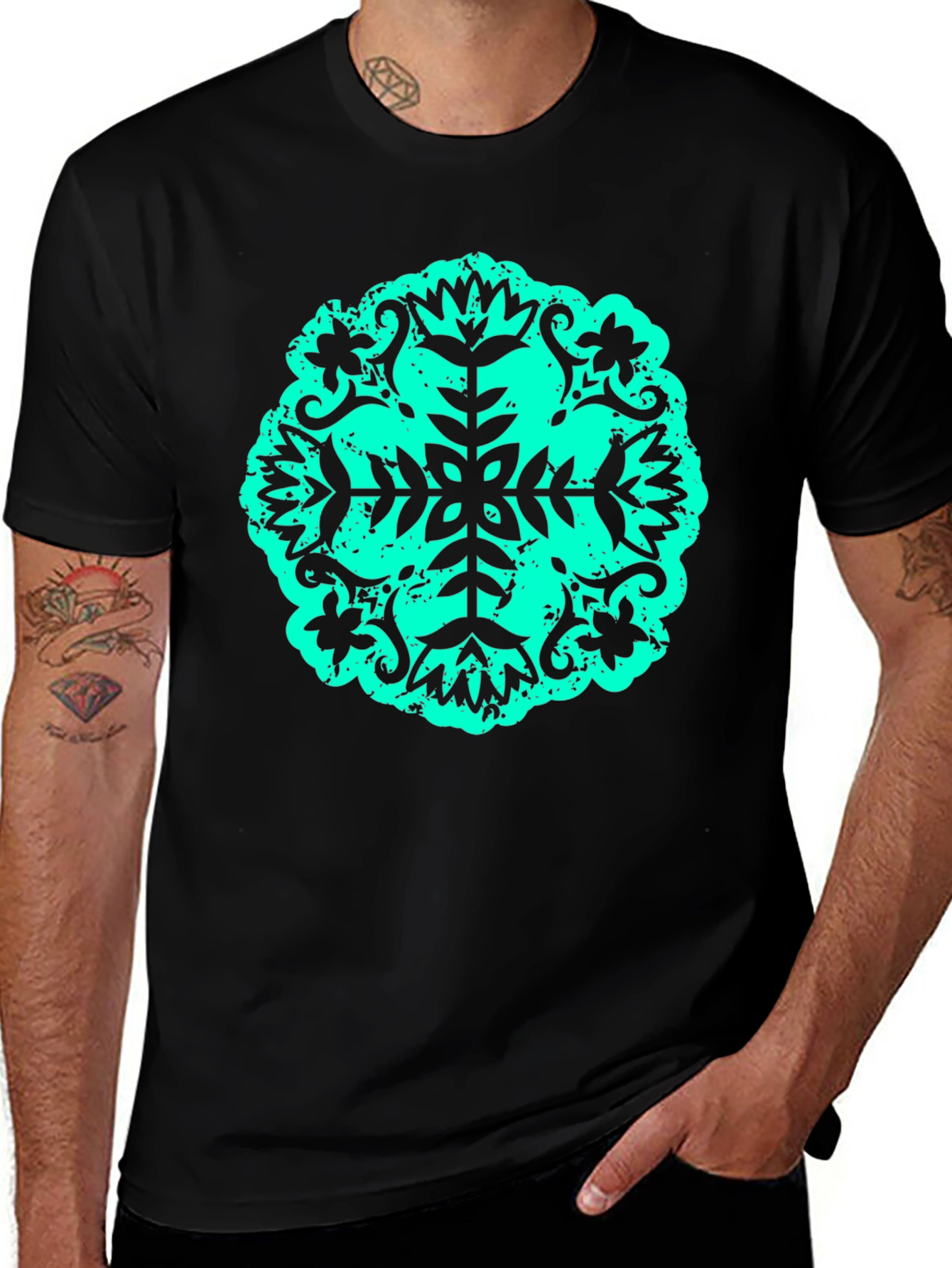 Black Abstract Teal Print Black Tee main image