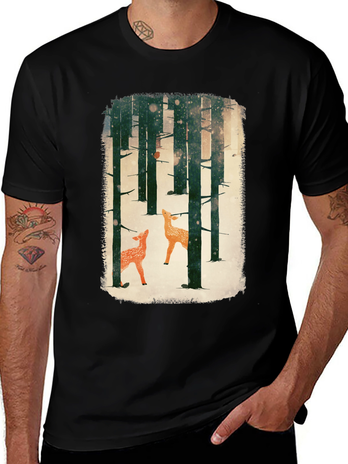 Variant 24 of Winter Forest Deer Graphic Tee - Black Cotton Blend
