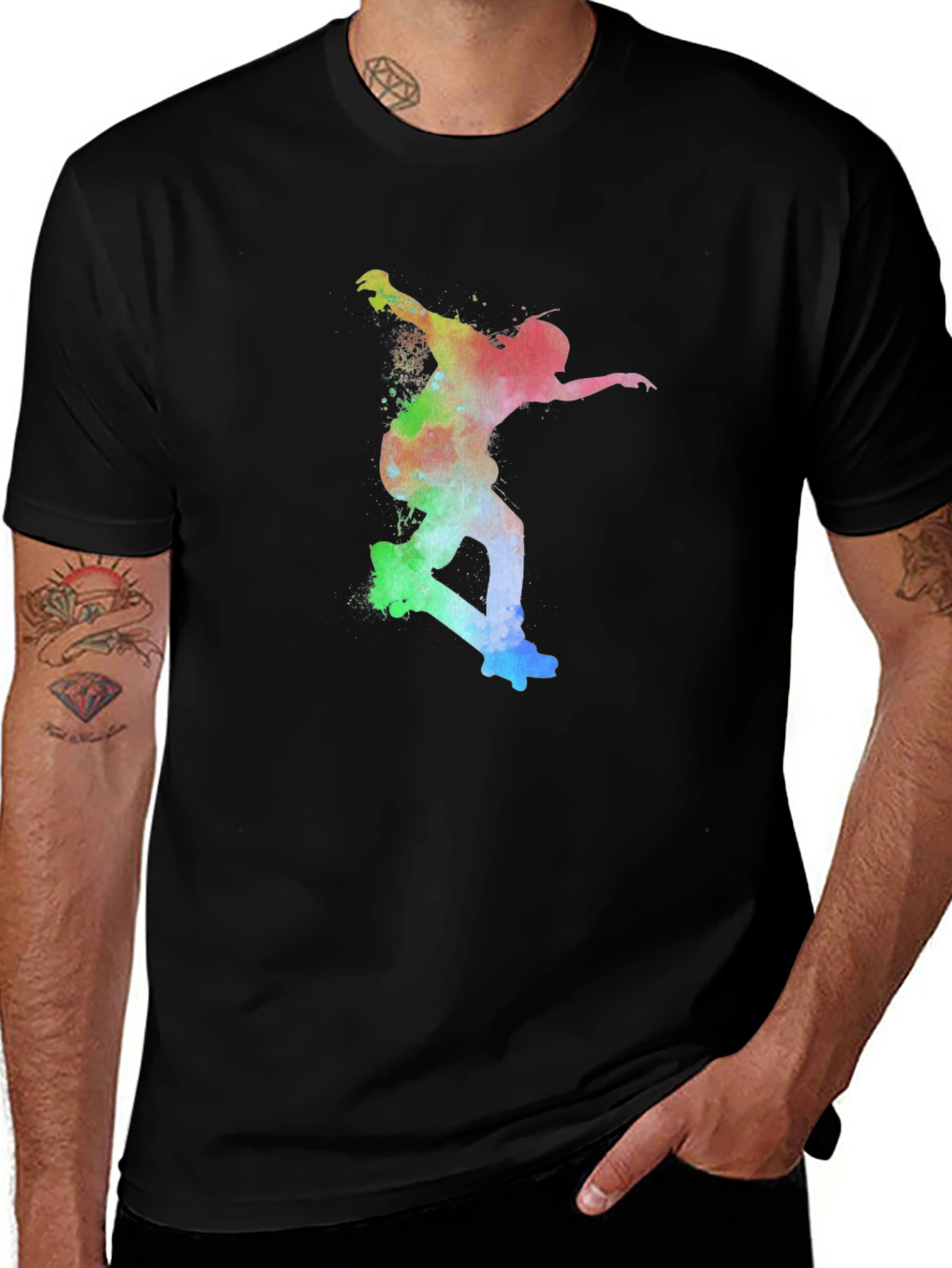 Variant 14 of Skateboarder Rainbow Art Print Black T-Shirt