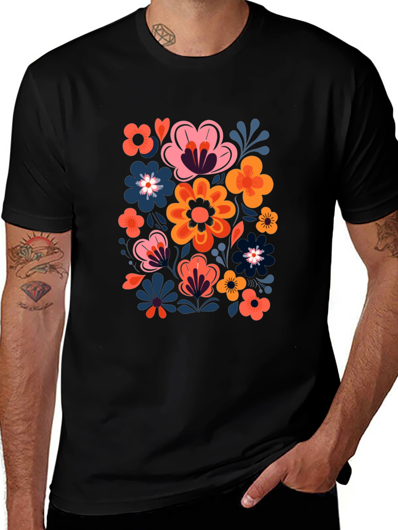 Variant 15 of Floral Print Black Crew Neck Tee