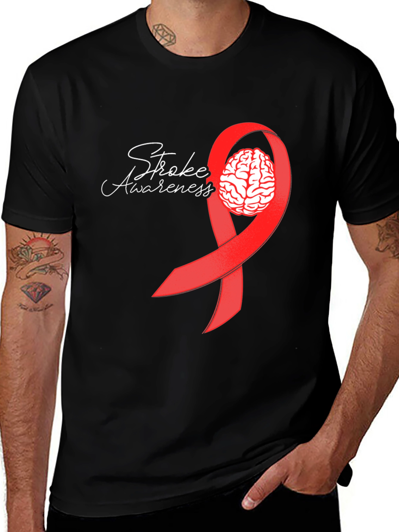 Stroke Awareness T-Shirt - Red Ribbon Brain Design