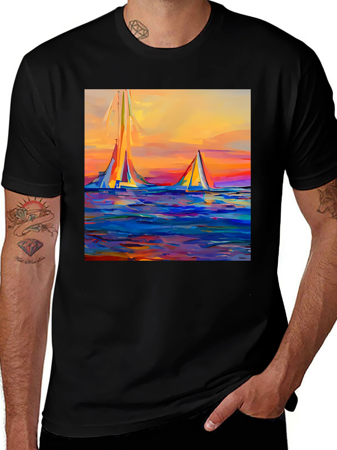 Variant 24 of Sailboat Art Graphic Black T-Shirt