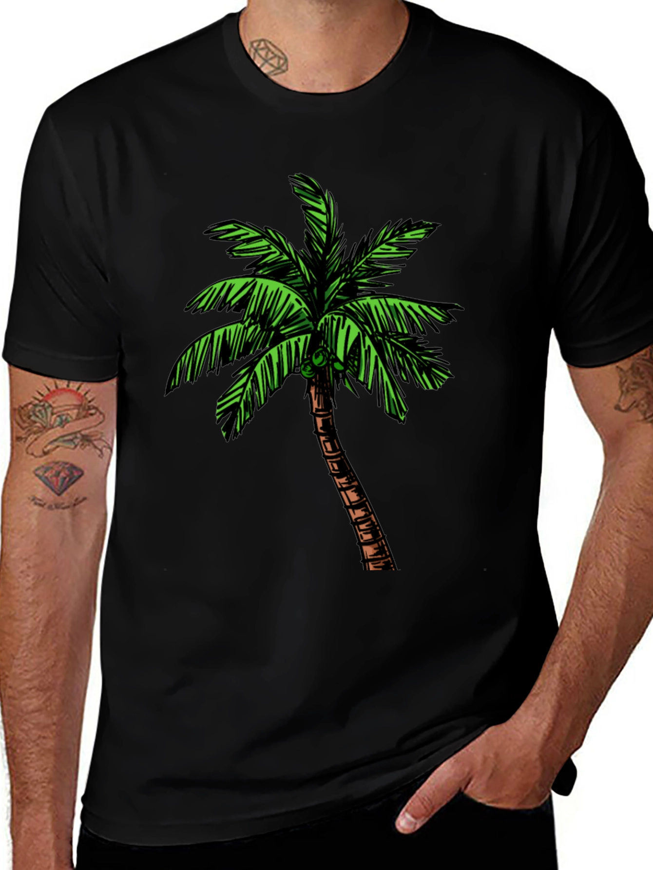 Variant 6 of Tropical Palm Tree Graphic Tee - Black Cotton Shirt
