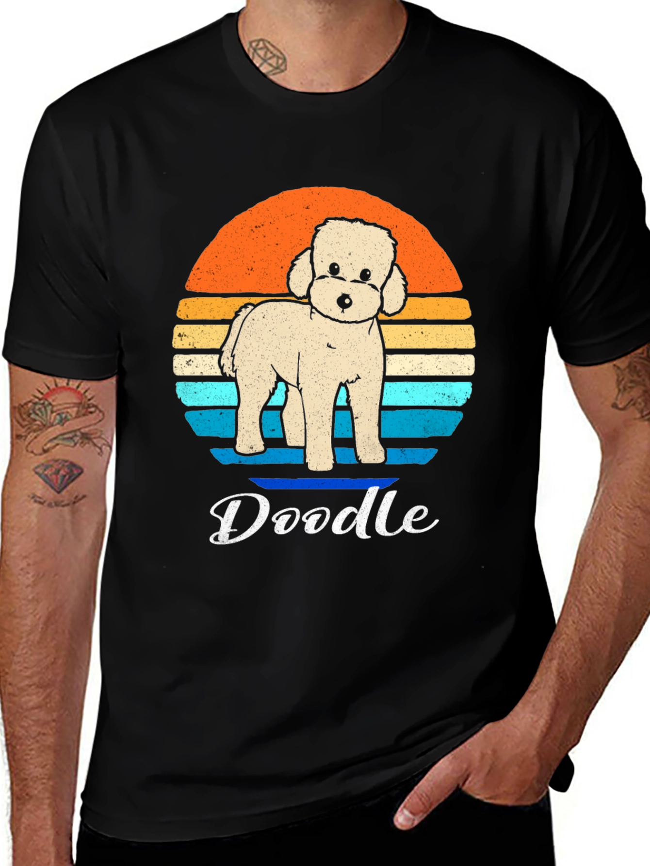 Retro Doodle Dog T-Shirt - Vintage Sunset Design