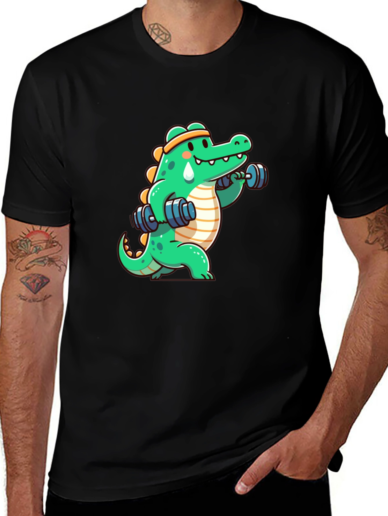 Variant 18 of Gym Gator Black T-Shirt - Fitness Alligator Cartoon Design