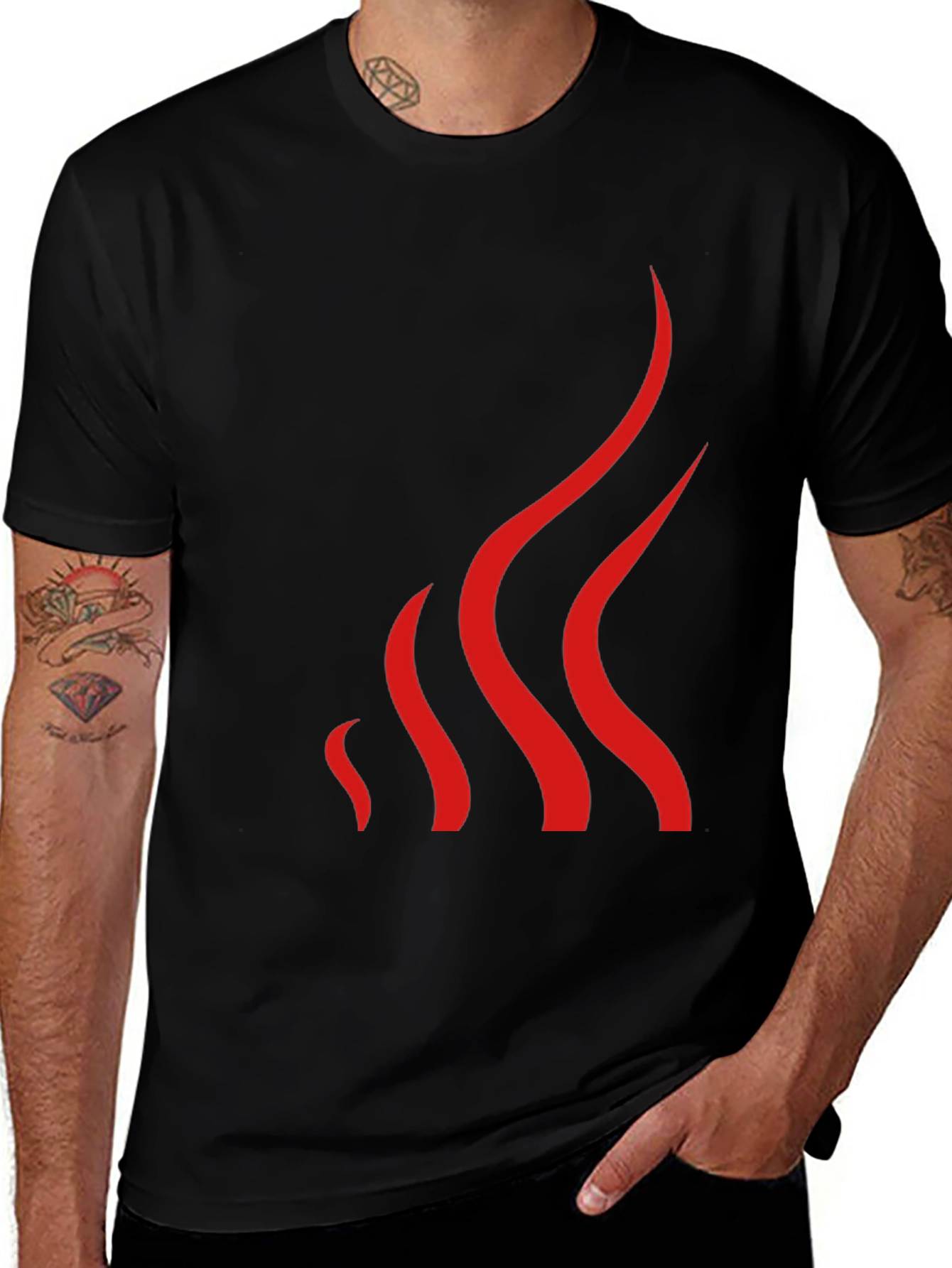 Variant 21 of Men's Black T-Shirt with Abstract Red Flame Design