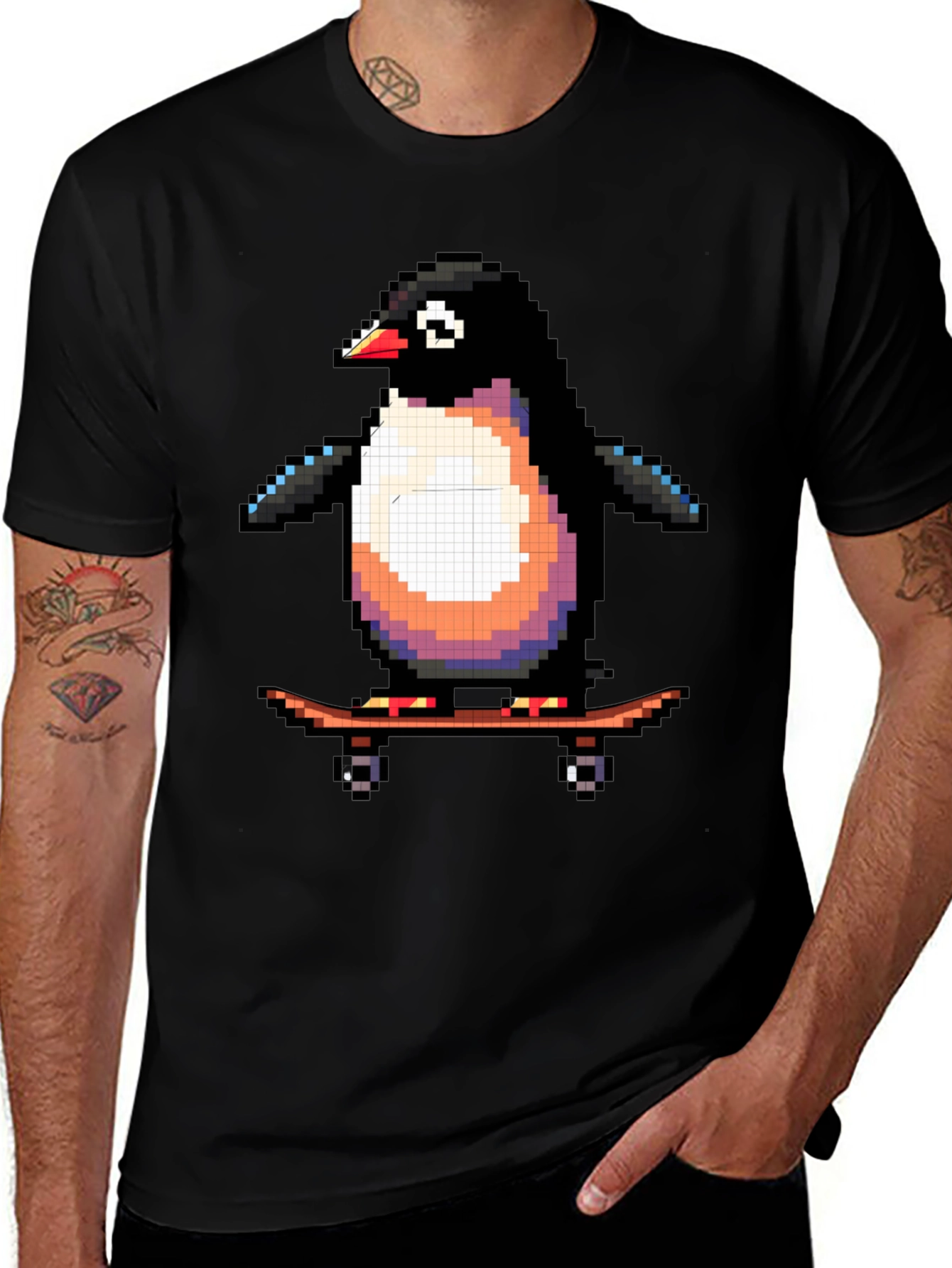 Variant 6 of Pixel Penguin Skateboard T-Shirt - Cool Black Tee