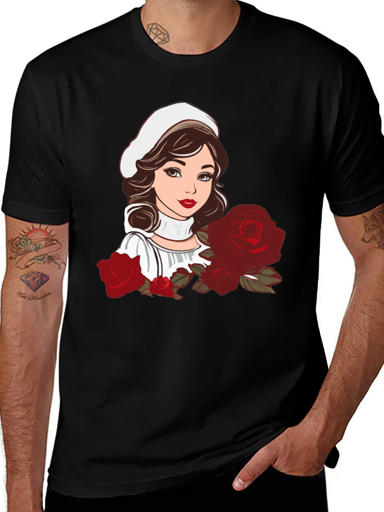 Variant 21 of Woman Portrait Roses Black T-Shirt