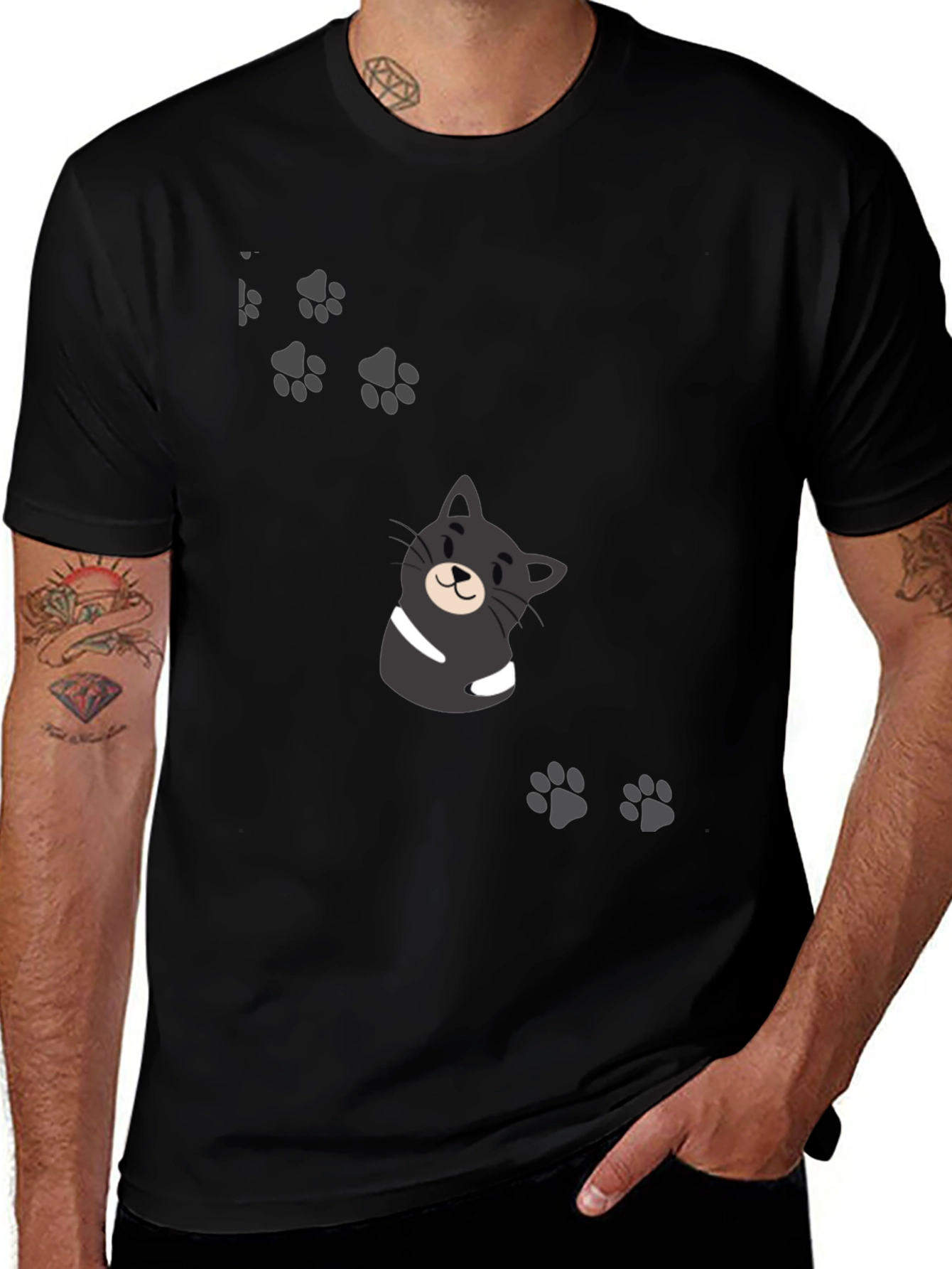 Variant 5 of Cute Cartoon Cat Paw Print Graphic Tee - Black Cotton Blend