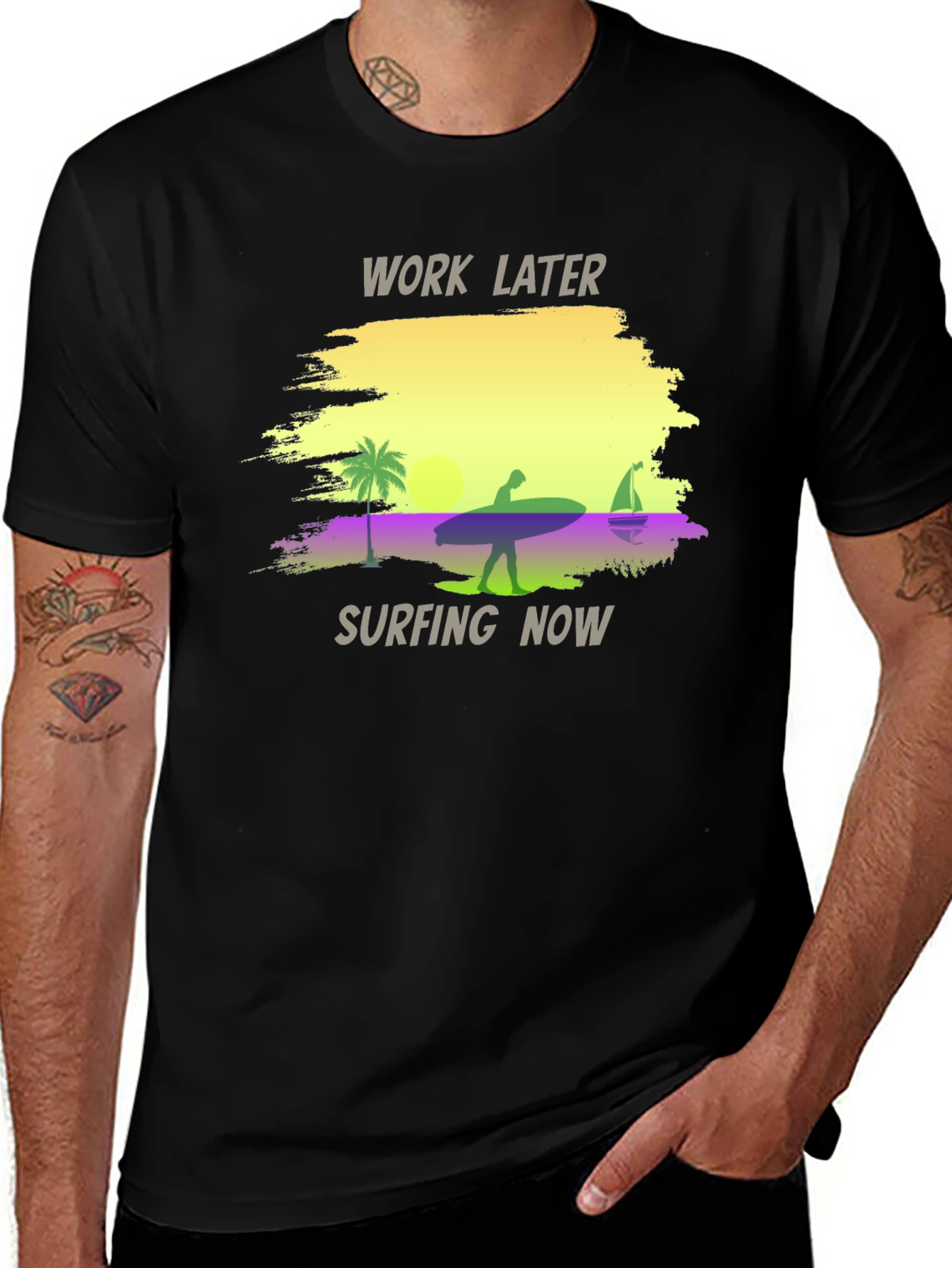 Variant 15 of Work Later Surfing Now Men's Black T-Shirt