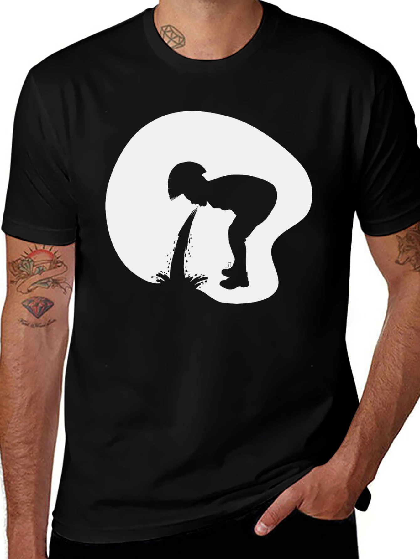 Variant 18 of Funny Vomiting Silhouette Graphic Tee - Black Cotton T-Shirt