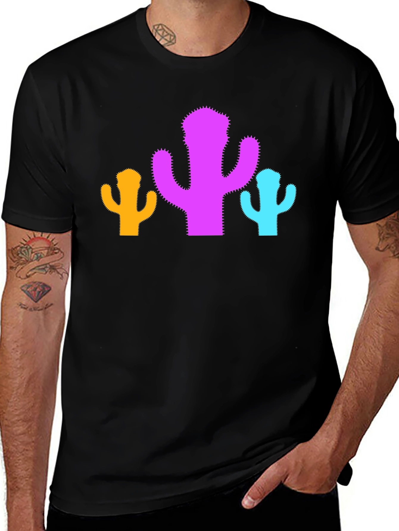 Variant 22 of Cactus Trio Graphic Tee - Black Cotton Casual Shirt