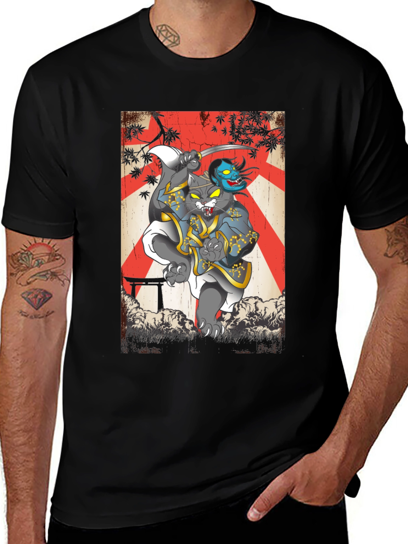 Samurai Cat Graphic Tee - Japanese Art T-Shirt