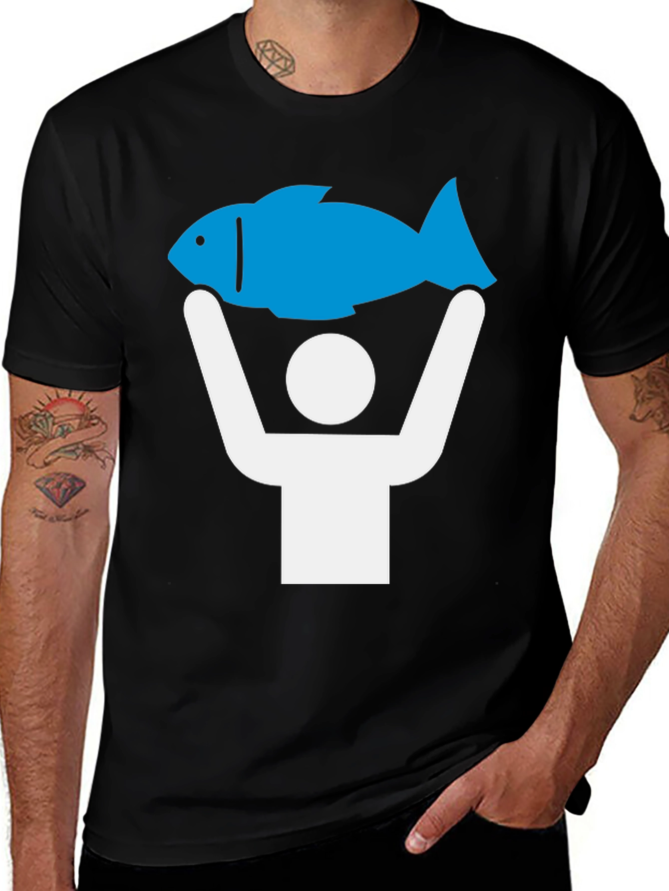 Black Funny Fish Catch T-Shirt - Blue Graphic Tee main image
