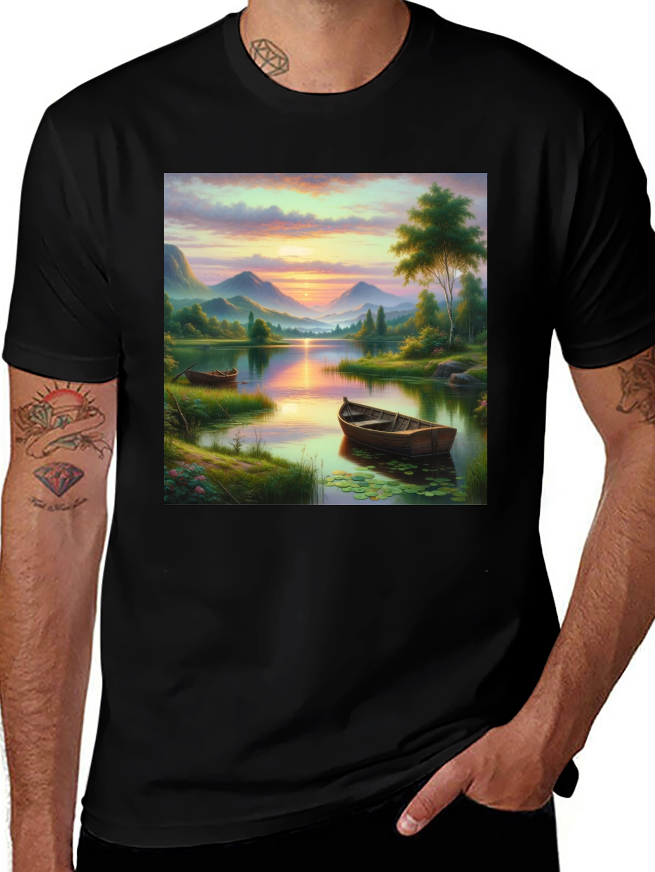 Black Lake Sunset Boat T-Shirt - Artistic Graphic Tee main image
