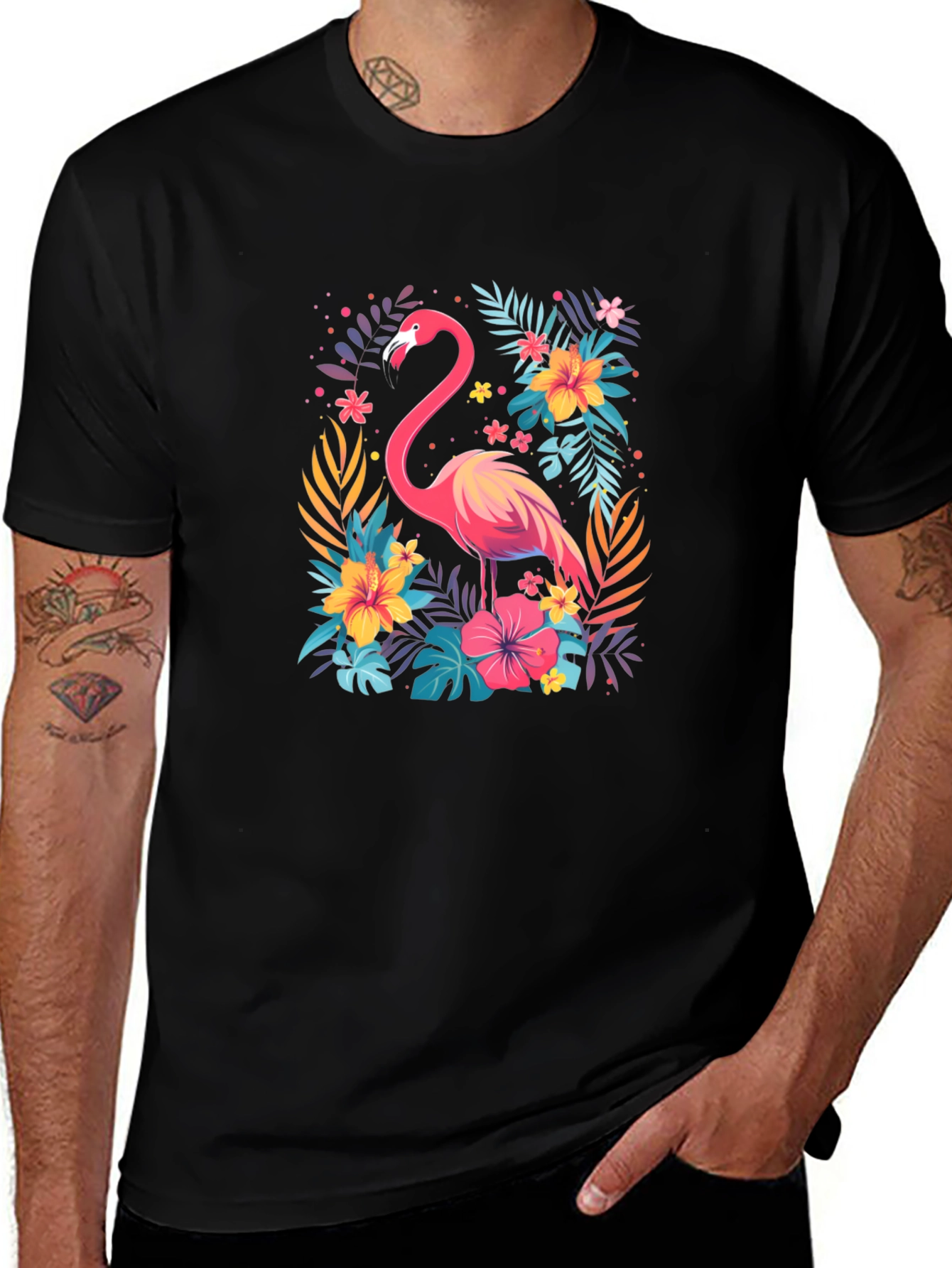 Variant 21 of Tropical Flamingo Graphic Tee - Stylish Black T-Shirt
