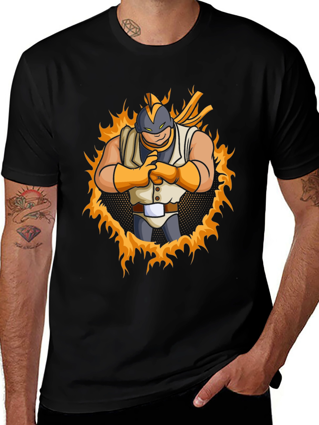 Fiery Cartoon Character Graphic Black T-Shirt