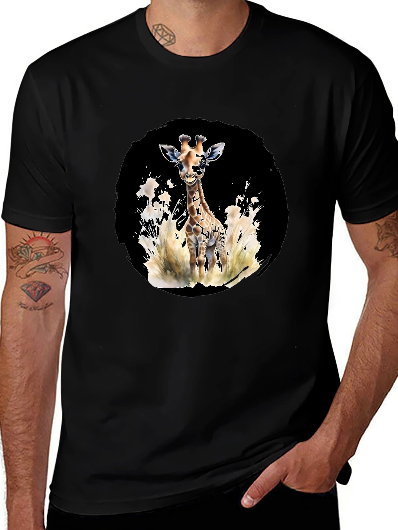 Black Giraffe Watercolor Graphic Tee - Casual Black T-Shirt main image