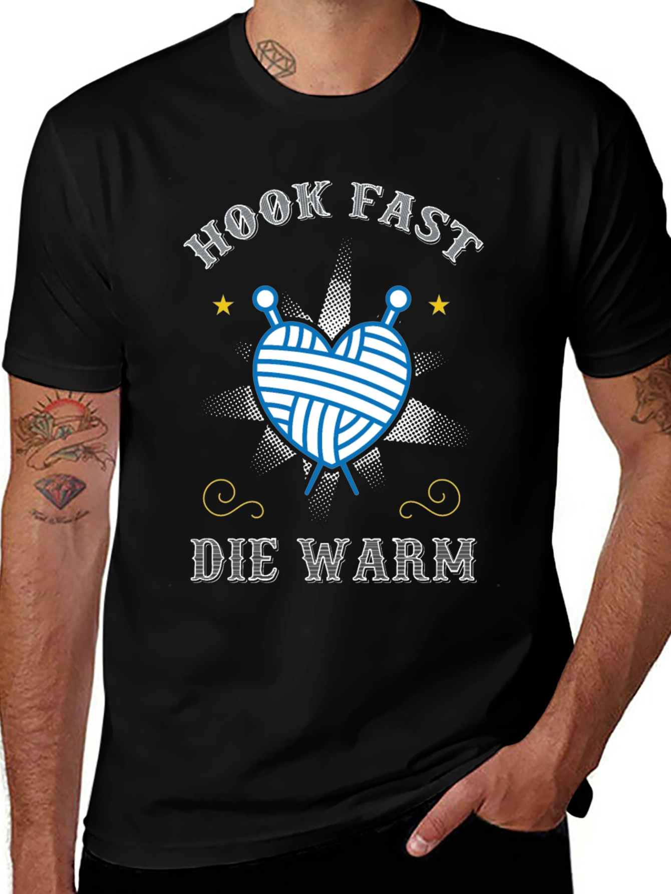 Variant 26 of Hook Fast Die Warm T-Shirt - Knitting Lover Tee