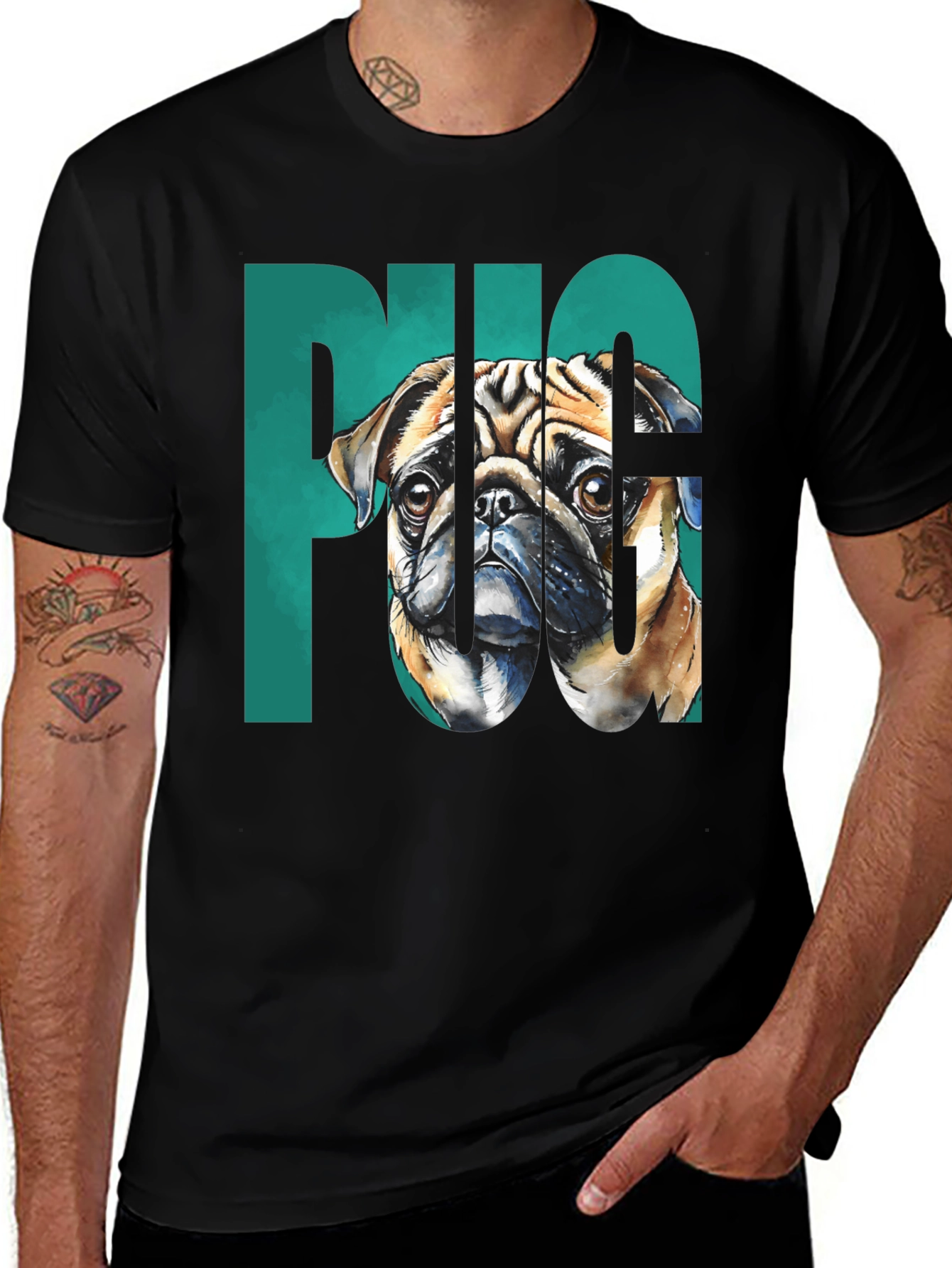 Black Pug Graphic Tee - Men's Black Cotton T-Shirt main image