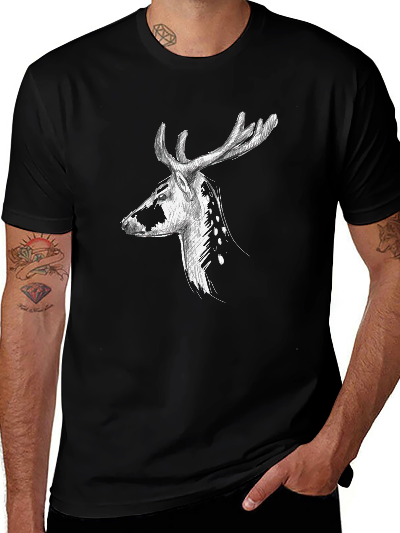 Variant 16 of Deer Sketch Graphic Tee - Black Cotton T-Shirt