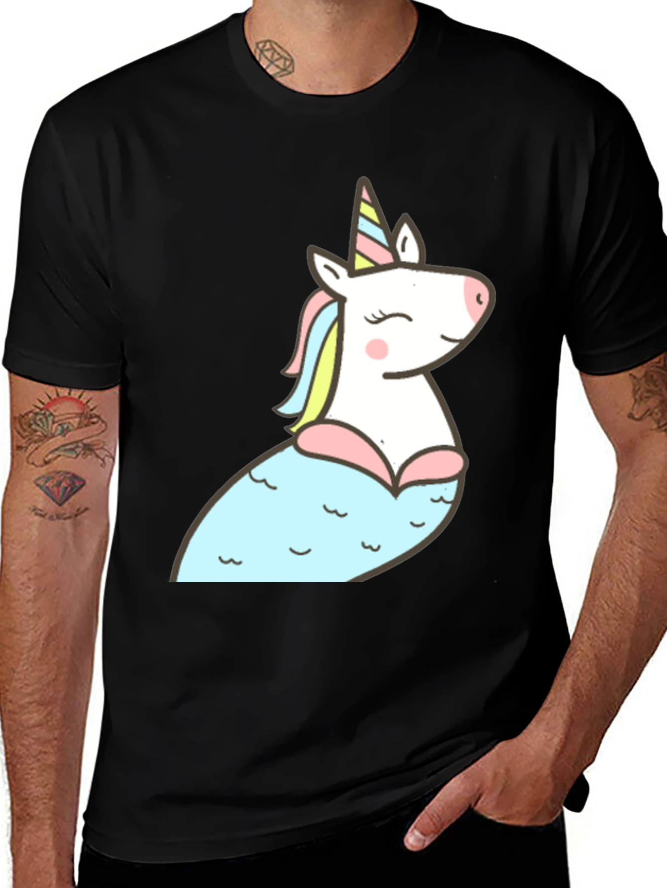 Variant 24 of Unicorn Mermaid Graphic Tee - Black Cotton T-Shirt